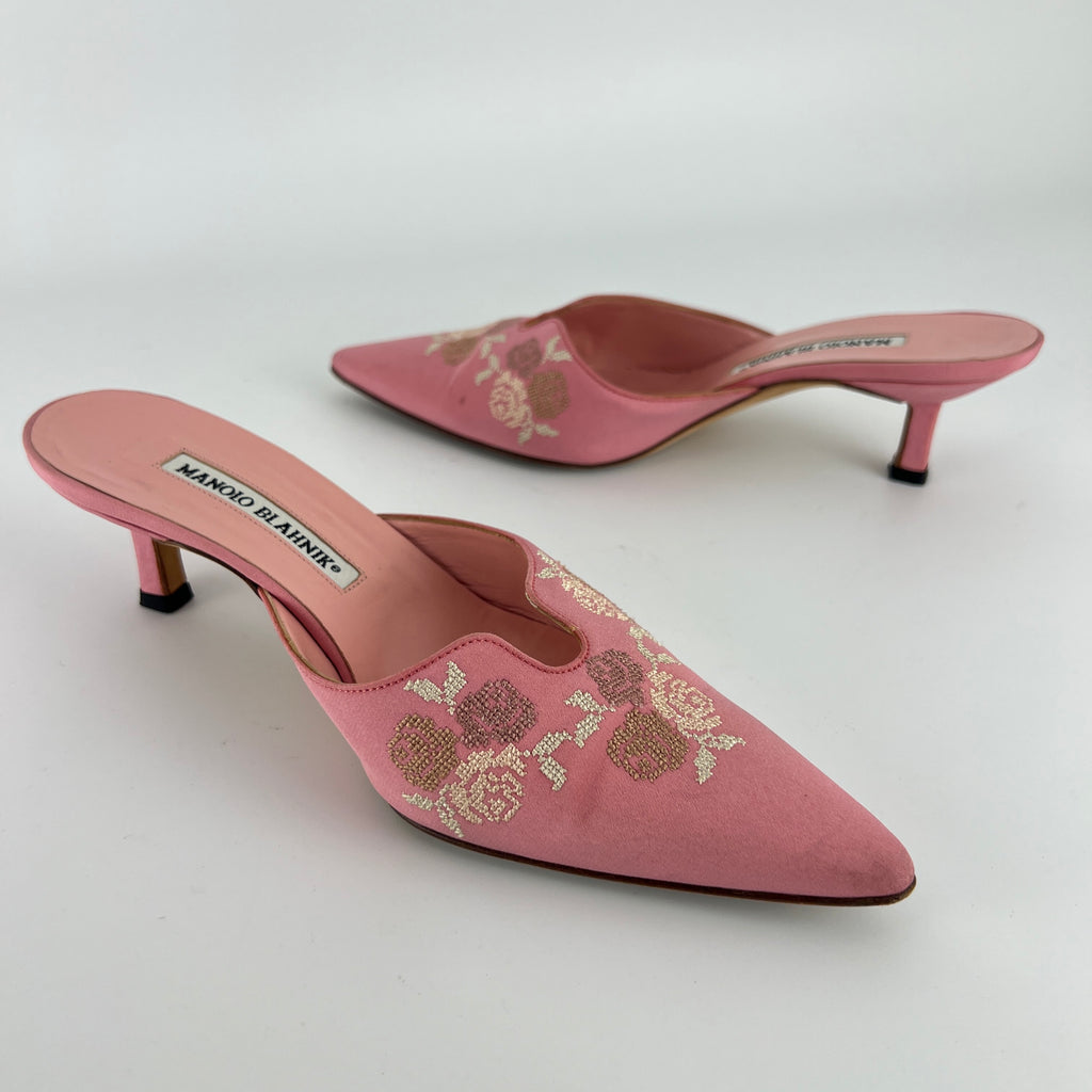 Manolo Blahnik | Vintage Salina Pink Floral Embroidery Pointed Toe Slide Mules (36.5)
