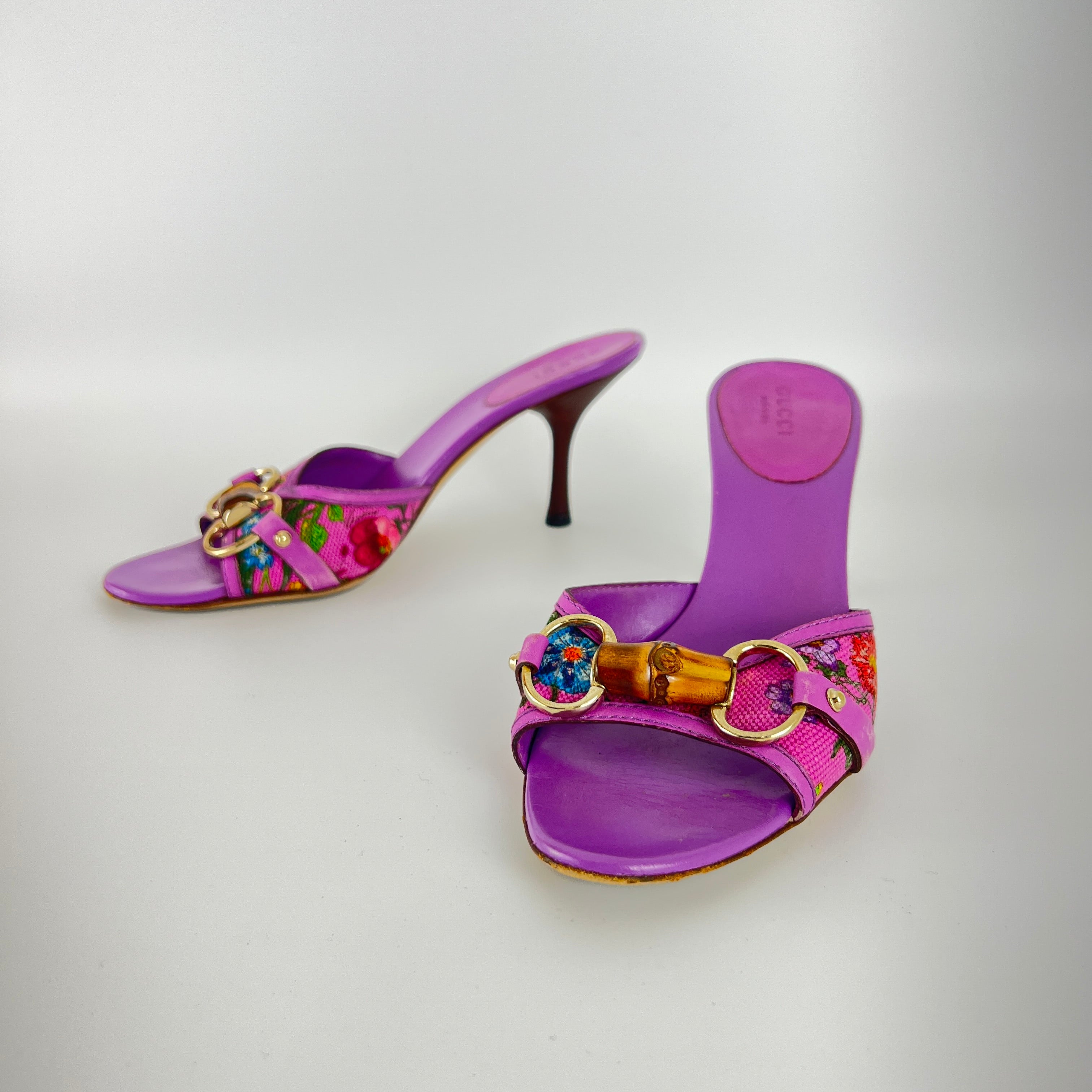 Gucci | Purple Floral Bamboo Horse Bit Canvas Leather Slide Mules Rare (35.5)