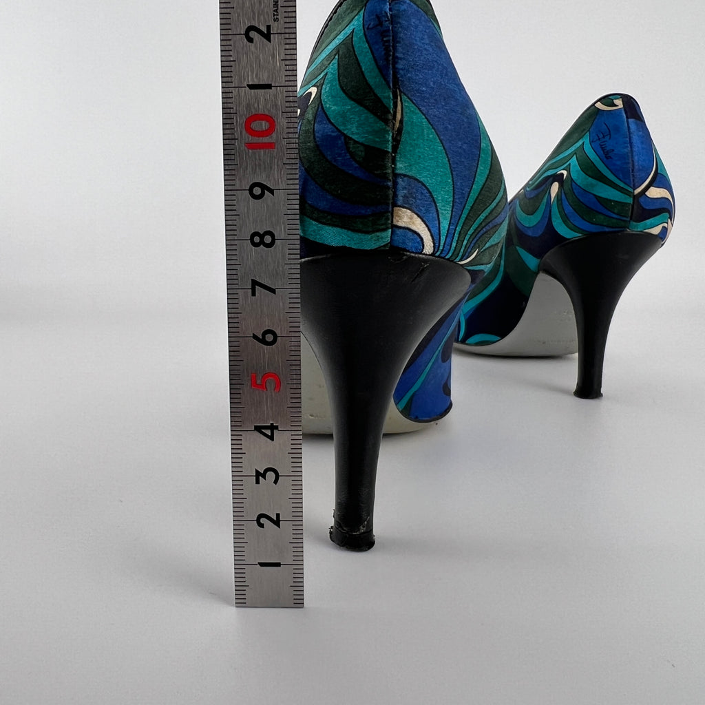 Emilio Pucci | Vintage Blue Satin Pattern Black Leather Bow Pump Heel (36.5)