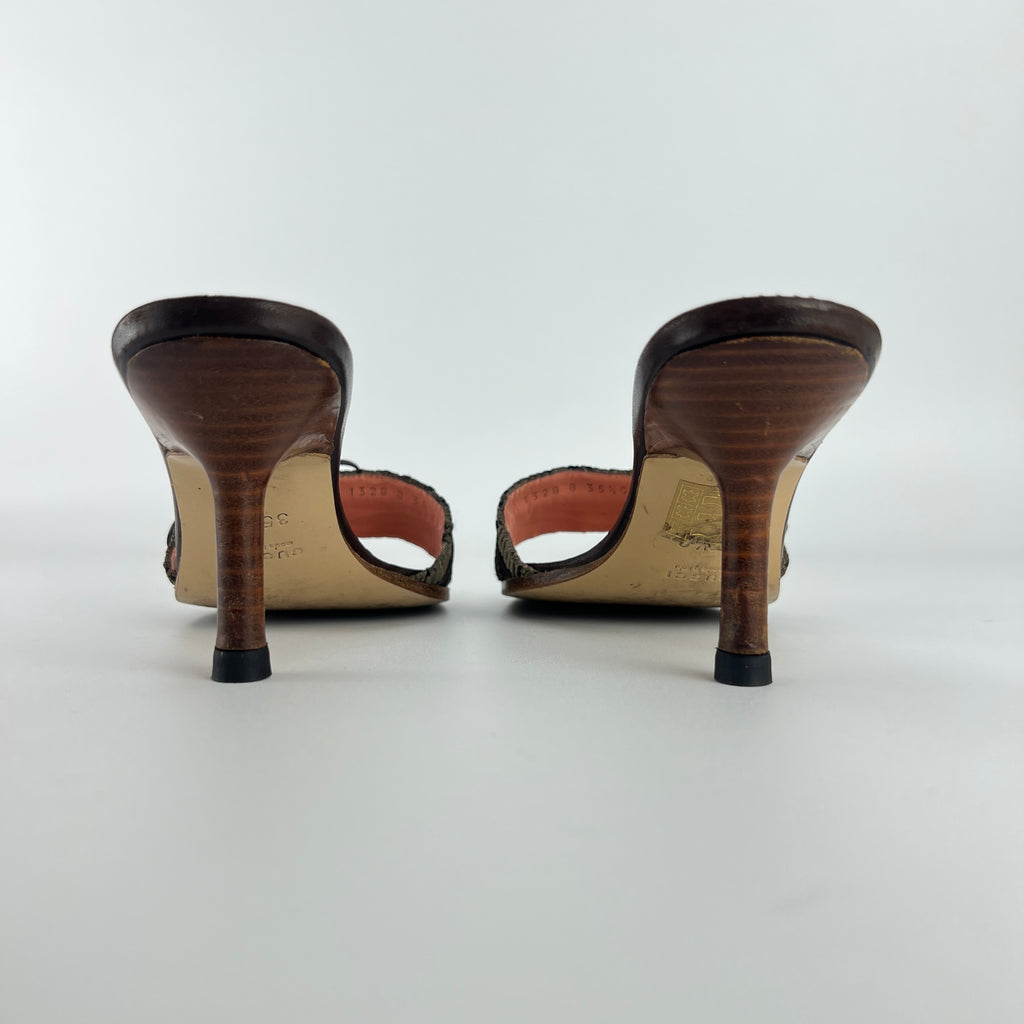 Gucci | Vintage GG Monogram Brown Bow Pink Leather Insole Slide Mules (35.5)