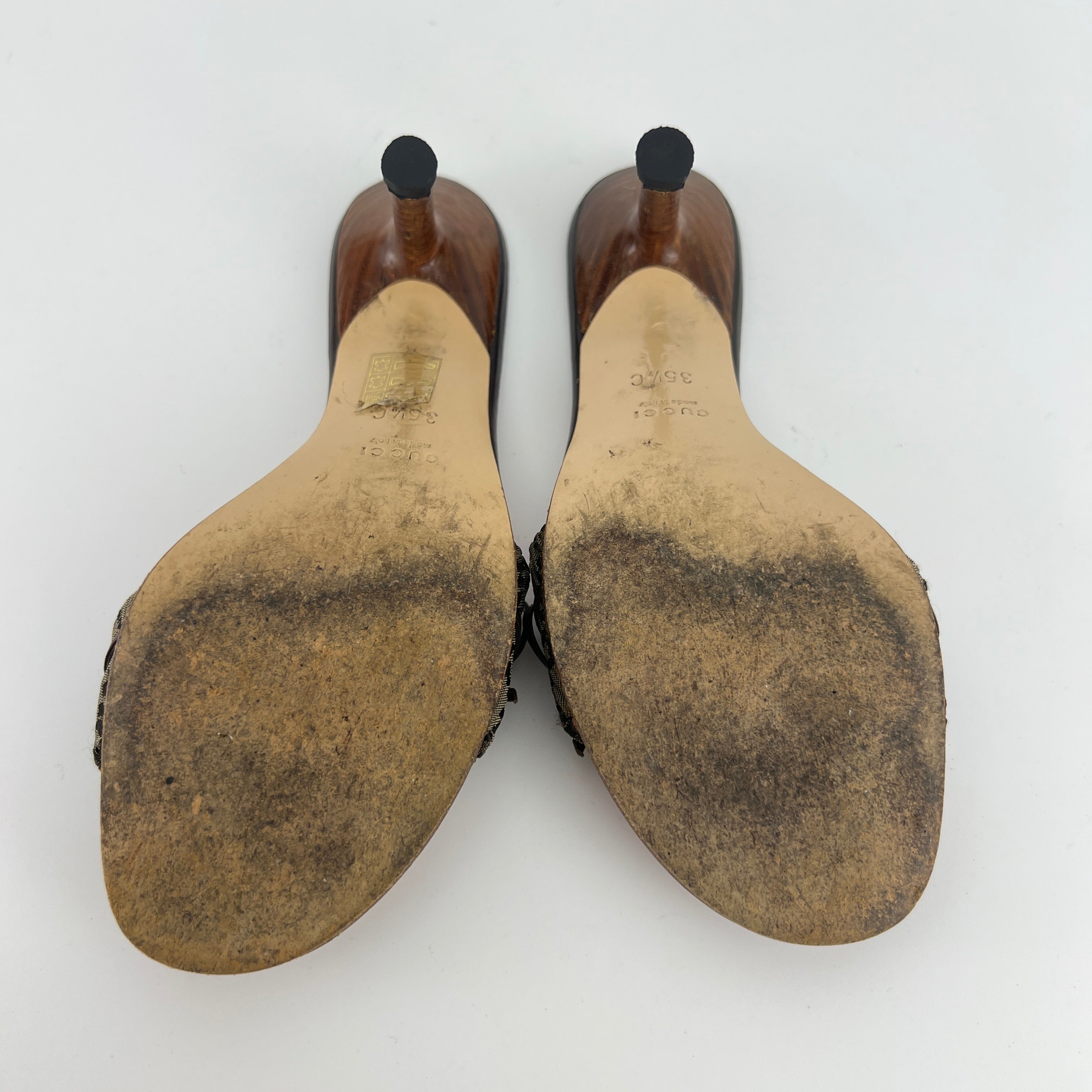 Gucci | Vintage GG Monogram Brown Bow Pink Leather Insole Slide Mules (35.5)