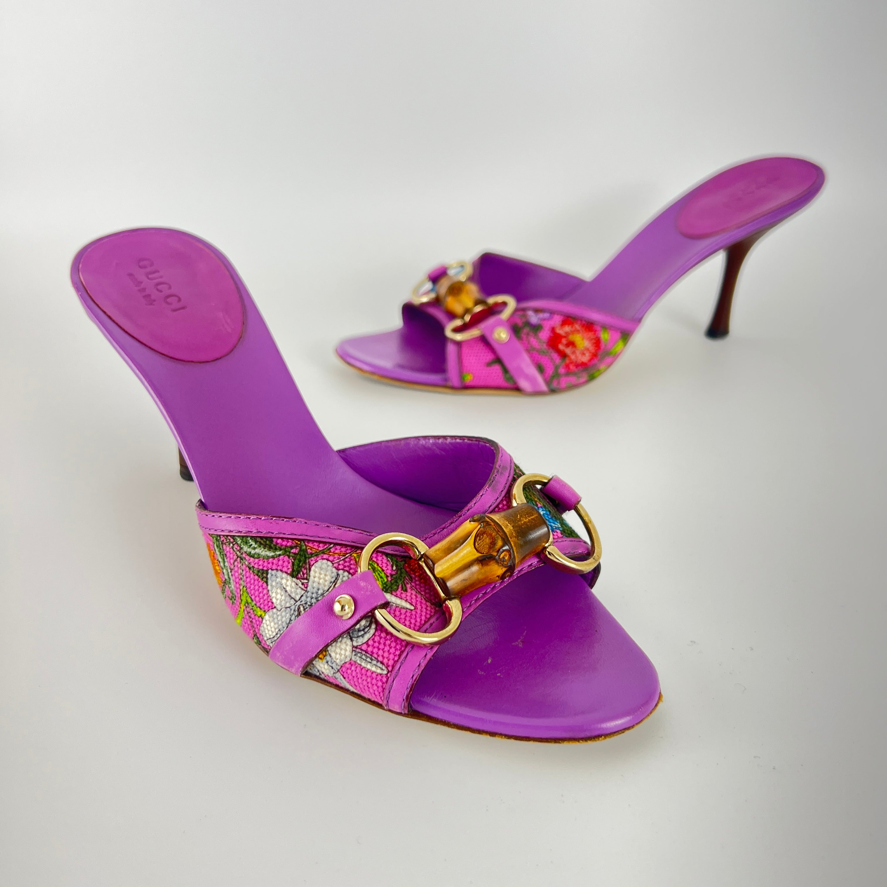 Gucci | Purple Floral Bamboo Horse Bit Canvas Leather Slide Mules Rare (35.5)