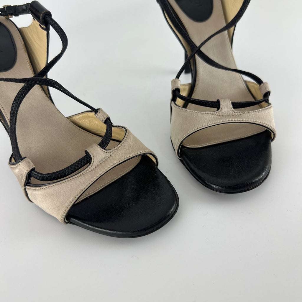 Gucci | S/S 2003 Tom Ford Era Octavia Beige Satin Black Leather Sandal Heels (35.5)