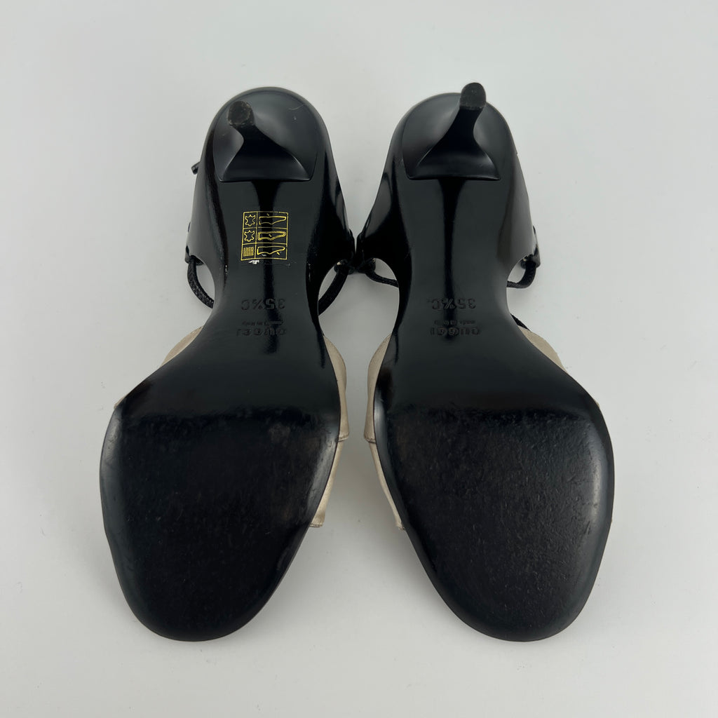 Gucci | S/S 2003 Tom Ford Era Octavia Beige Satin Black Leather Sandal Heels (35.5)