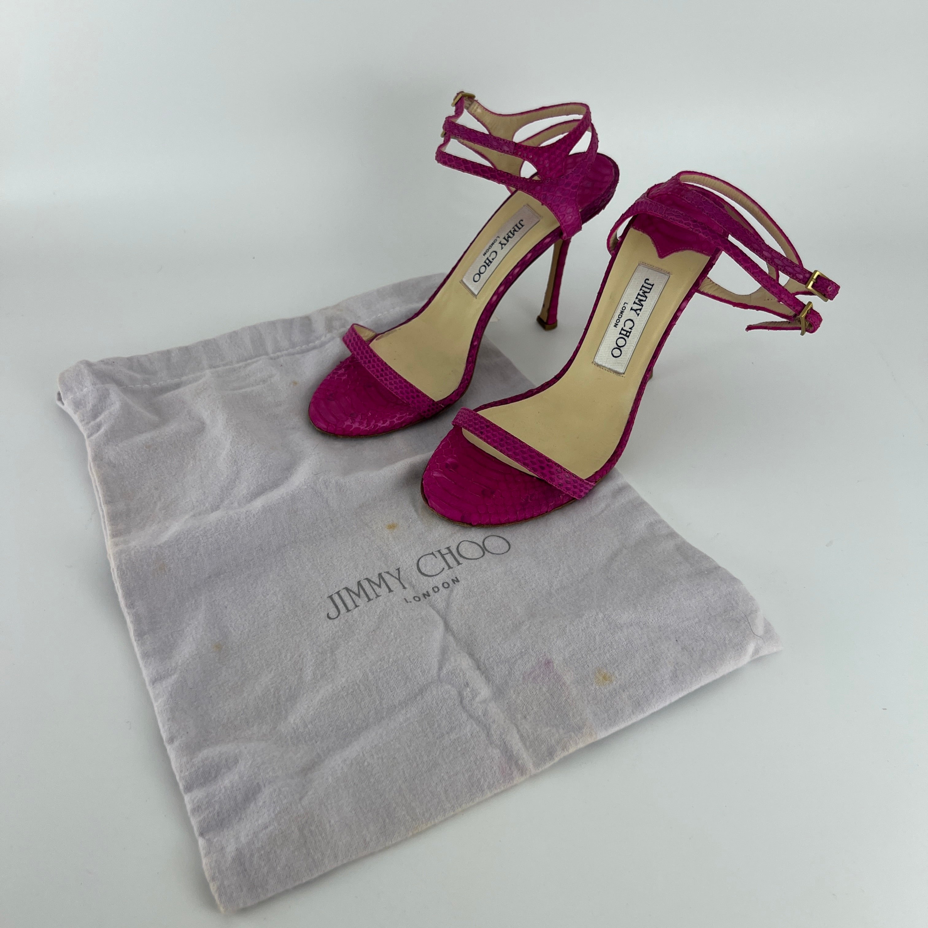 Jimmy Choo | Pink Snake Leather Strappy Ankle Wrap Stiletto Sandal Heels (37)