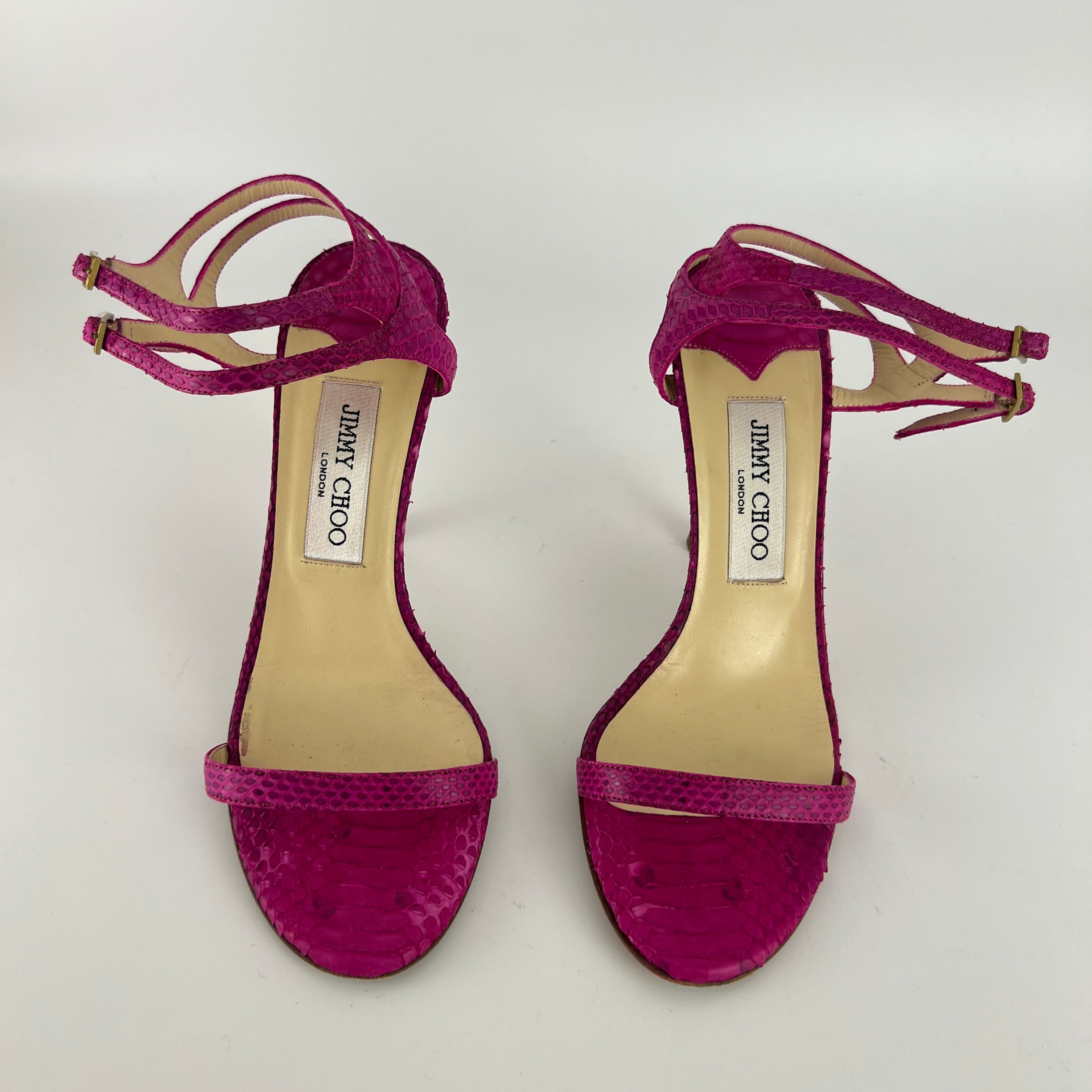 Jimmy Choo | Pink Snake Leather Strappy Ankle Wrap Stiletto Sandal Heels (37)