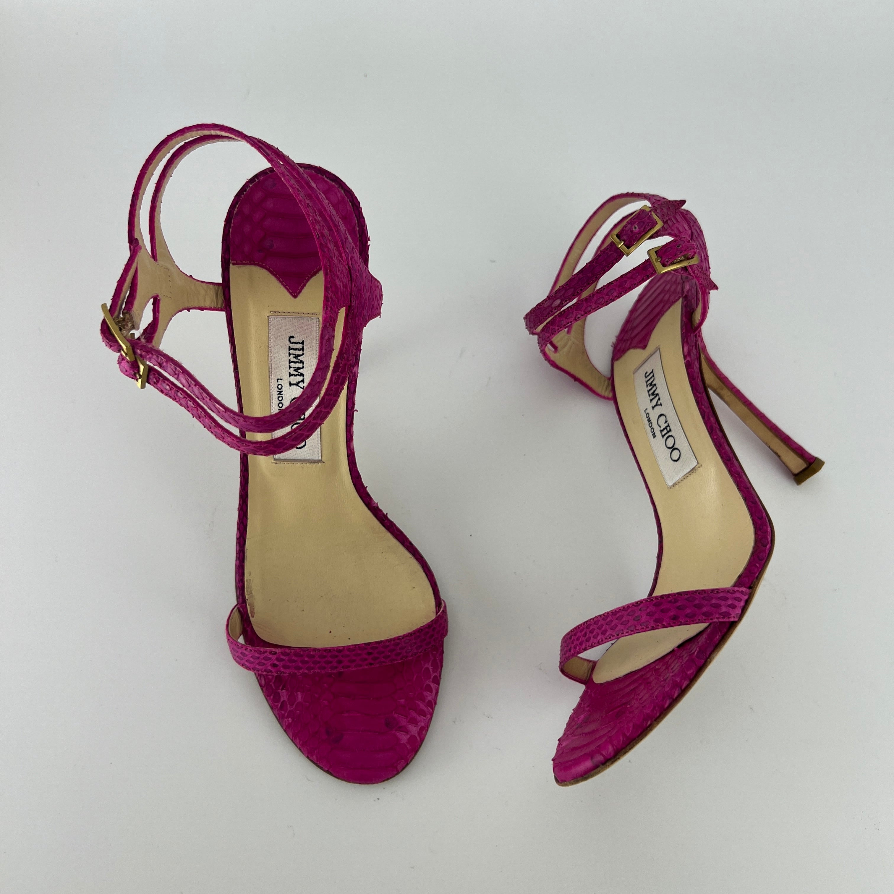 Jimmy Choo | Pink Snake Leather Strappy Ankle Wrap Stiletto Sandal Heels (37)