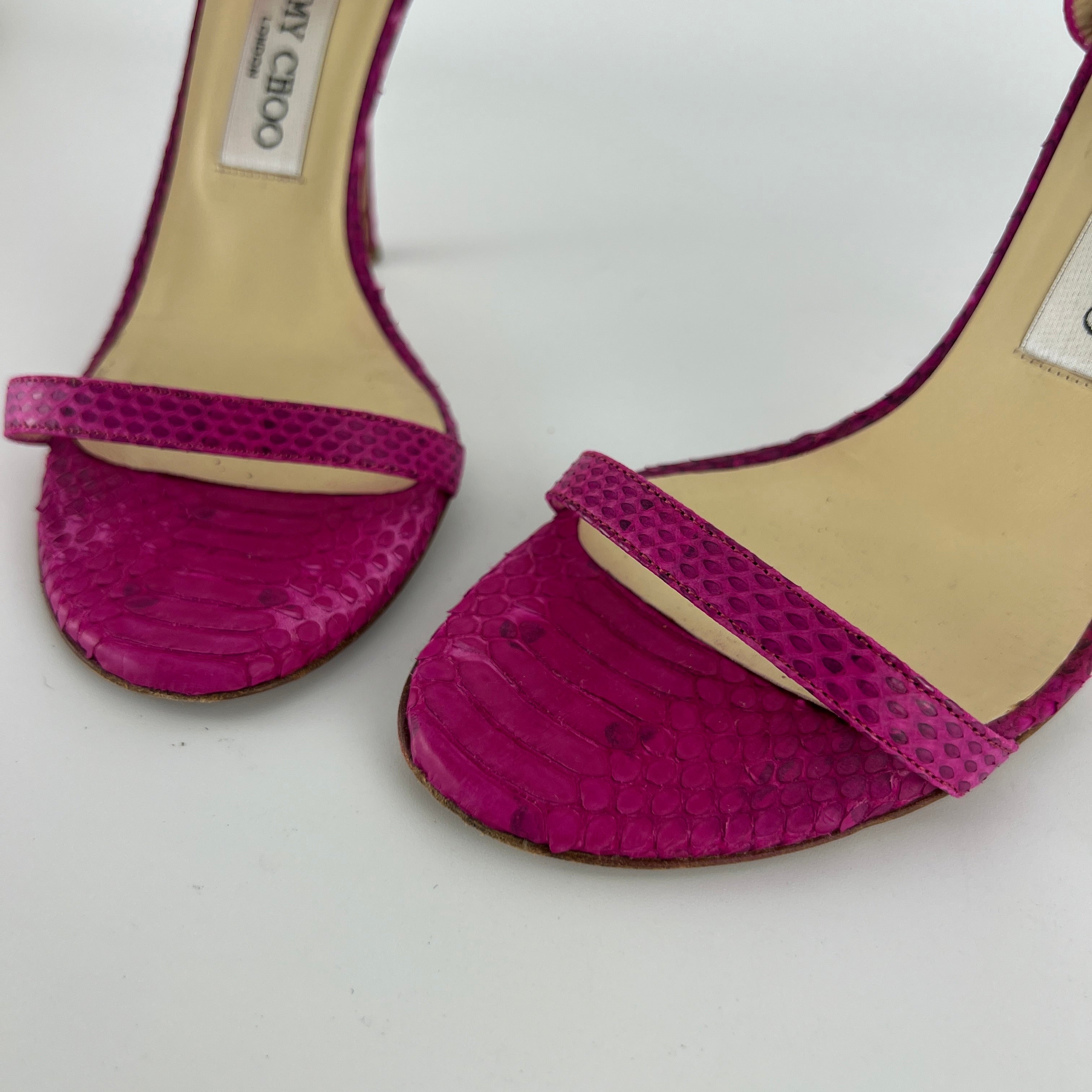 Jimmy Choo | Pink Snake Leather Strappy Ankle Wrap Stiletto Sandal Heels (37)