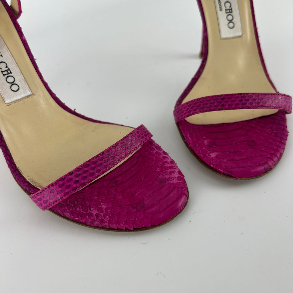 Jimmy Choo | Pink Snake Leather Strappy Ankle Wrap Stiletto Sandal Heels (37)