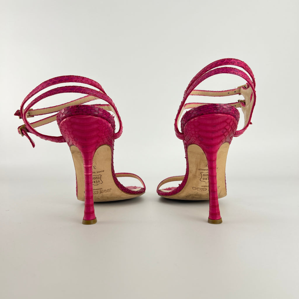 Jimmy Choo | Pink Snake Leather Strappy Ankle Wrap Stiletto Sandal Heels (37)