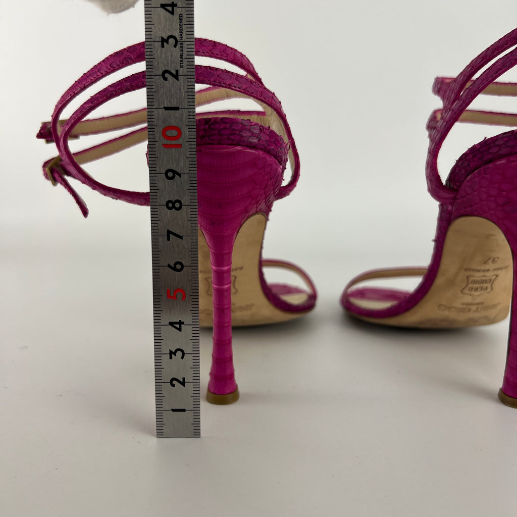 Jimmy Choo | Pink Snake Leather Strappy Ankle Wrap Stiletto Sandal Heels (37)