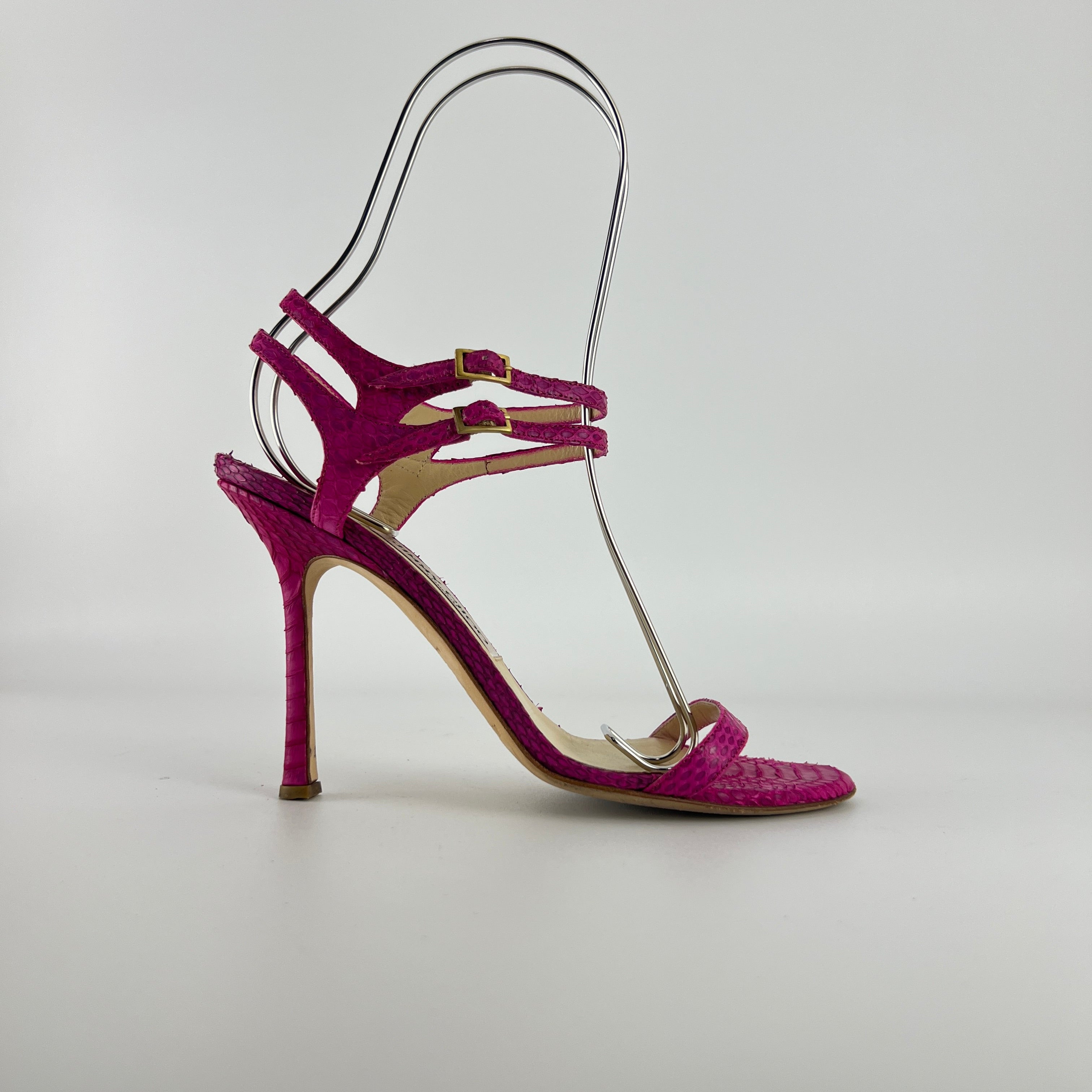 Jimmy Choo | Pink Snake Leather Strappy Ankle Wrap Stiletto Sandal Heels (37)