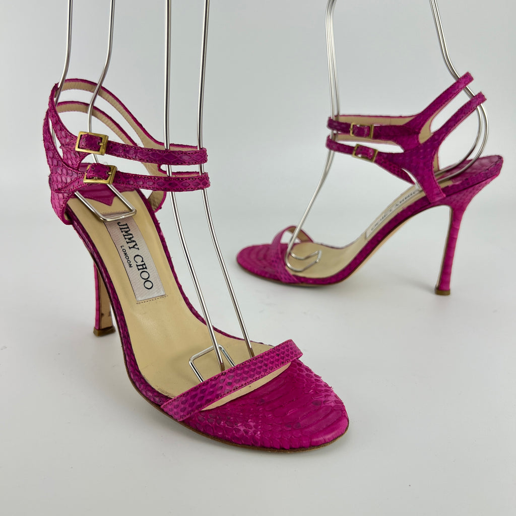 Jimmy Choo | Pink Snake Leather Strappy Ankle Wrap Stiletto Sandal Heels (37)