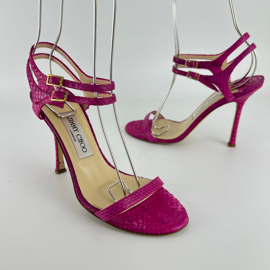 Jimmy Choo | Pink Snake Leather Strappy Ankle Wrap Stiletto Sandal Heels (37)