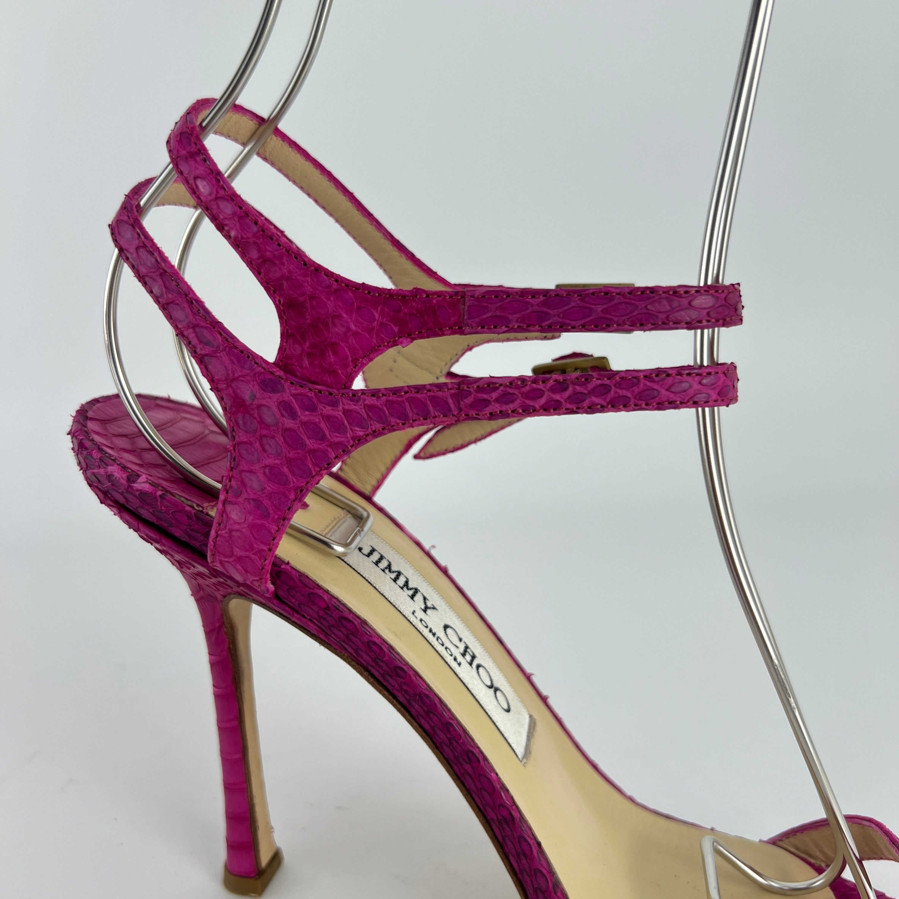 Jimmy Choo | Pink Snake Leather Strappy Ankle Wrap Stiletto Sandal Heels (37)