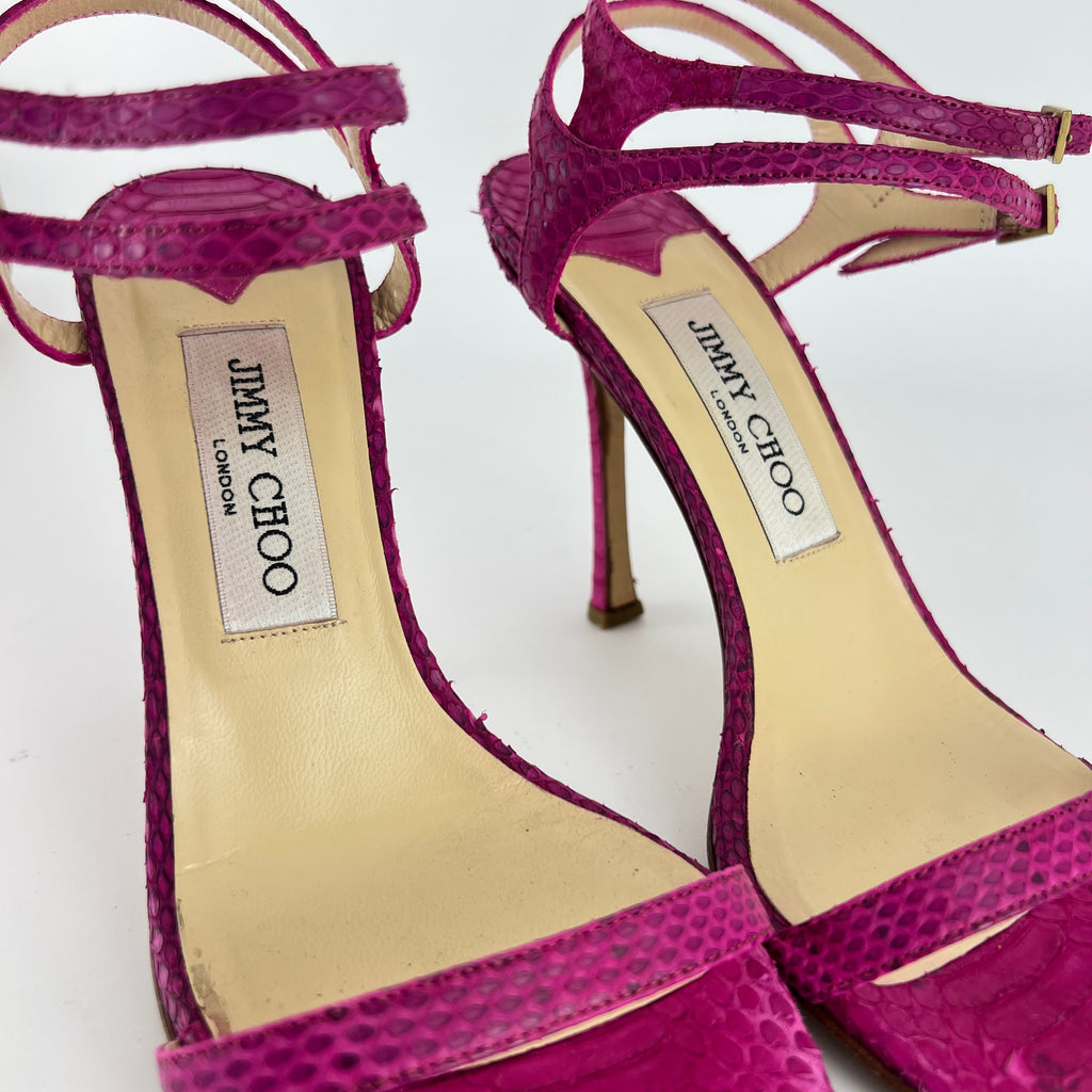 Jimmy Choo | Pink Snake Leather Strappy Ankle Wrap Stiletto Sandal Heels (37)