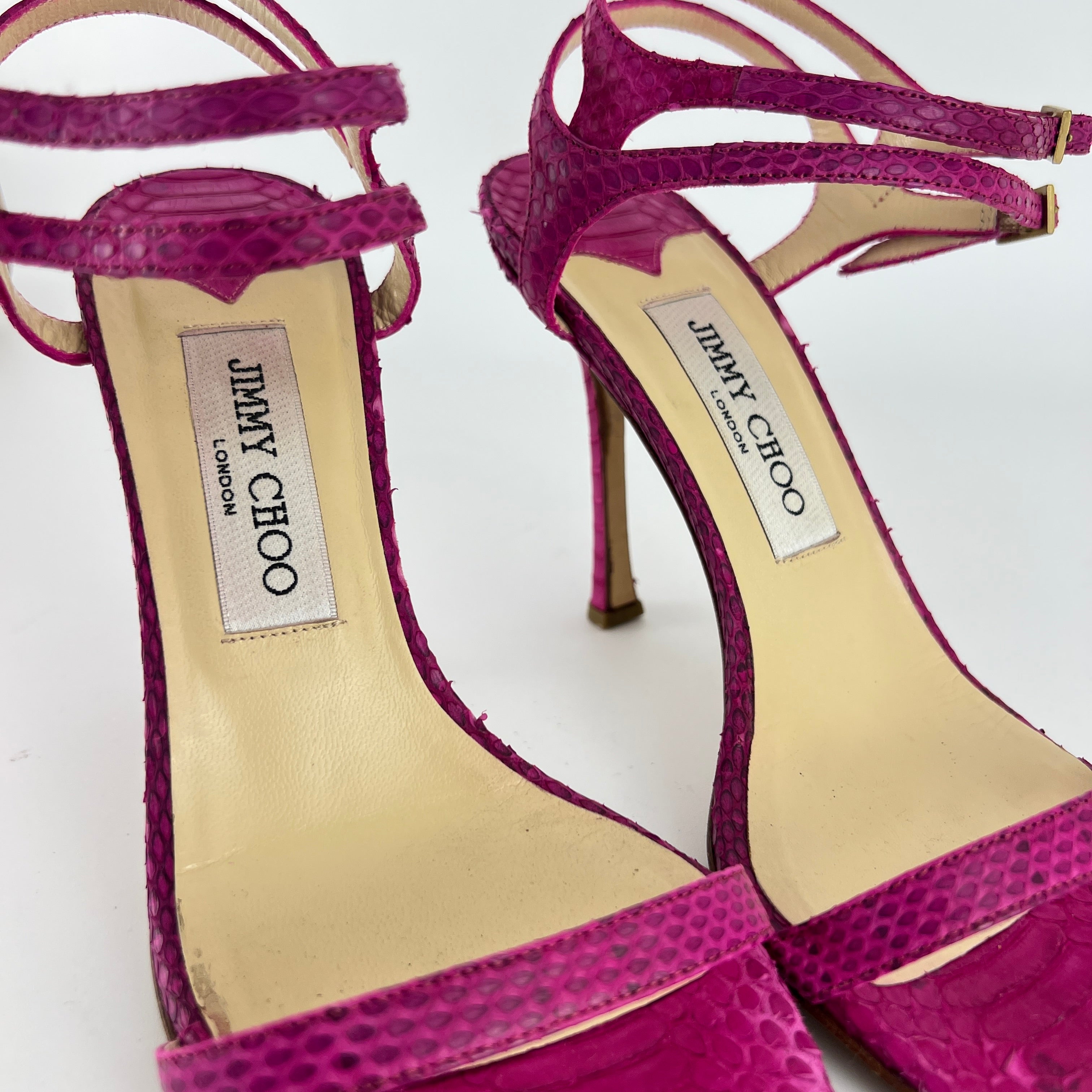 Jimmy Choo | Pink Snake Leather Strappy Ankle Wrap Stiletto Sandal Heels (37)