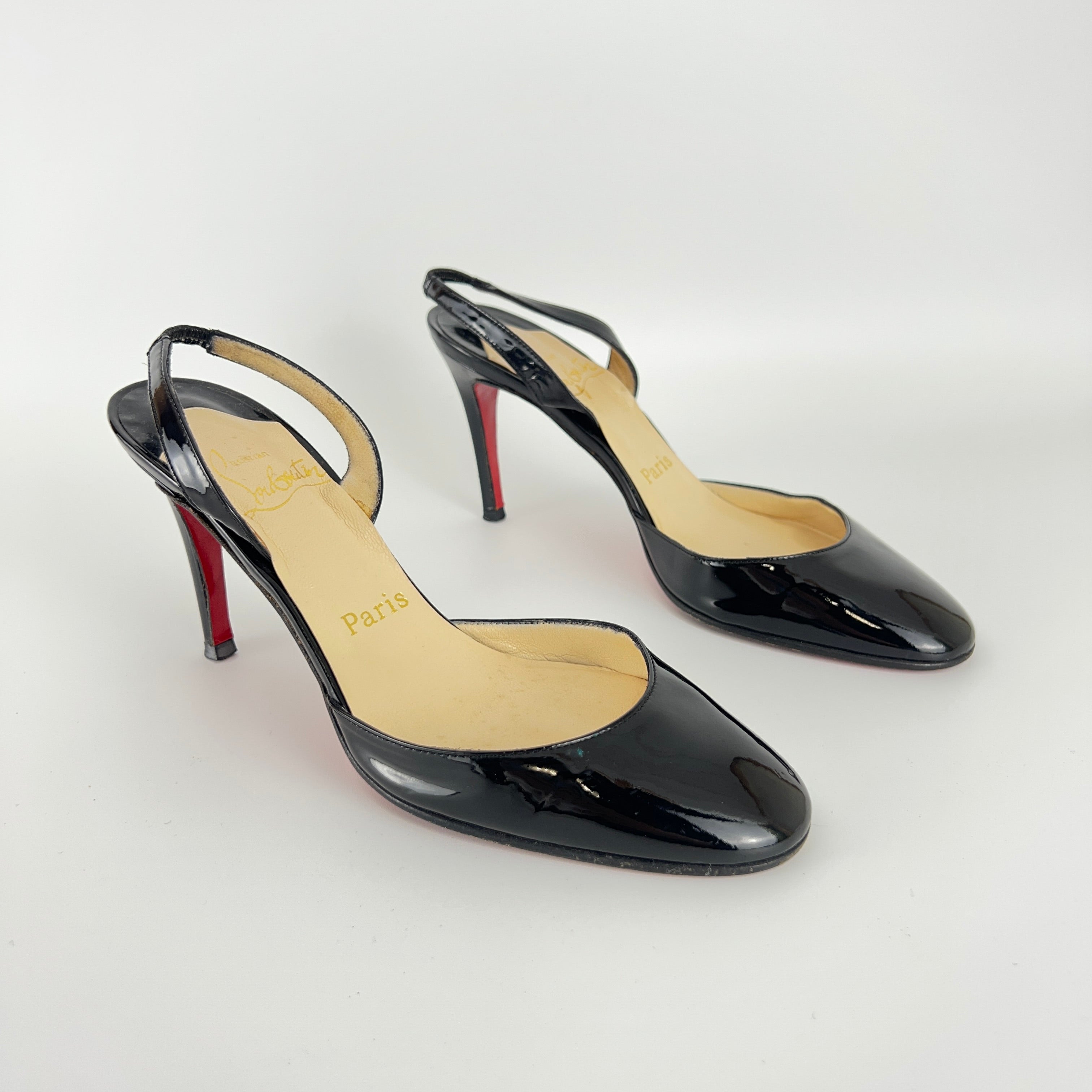 Louboutin | Black Patent Leather Round Toe Slingback Stiletto Heels (35.5)