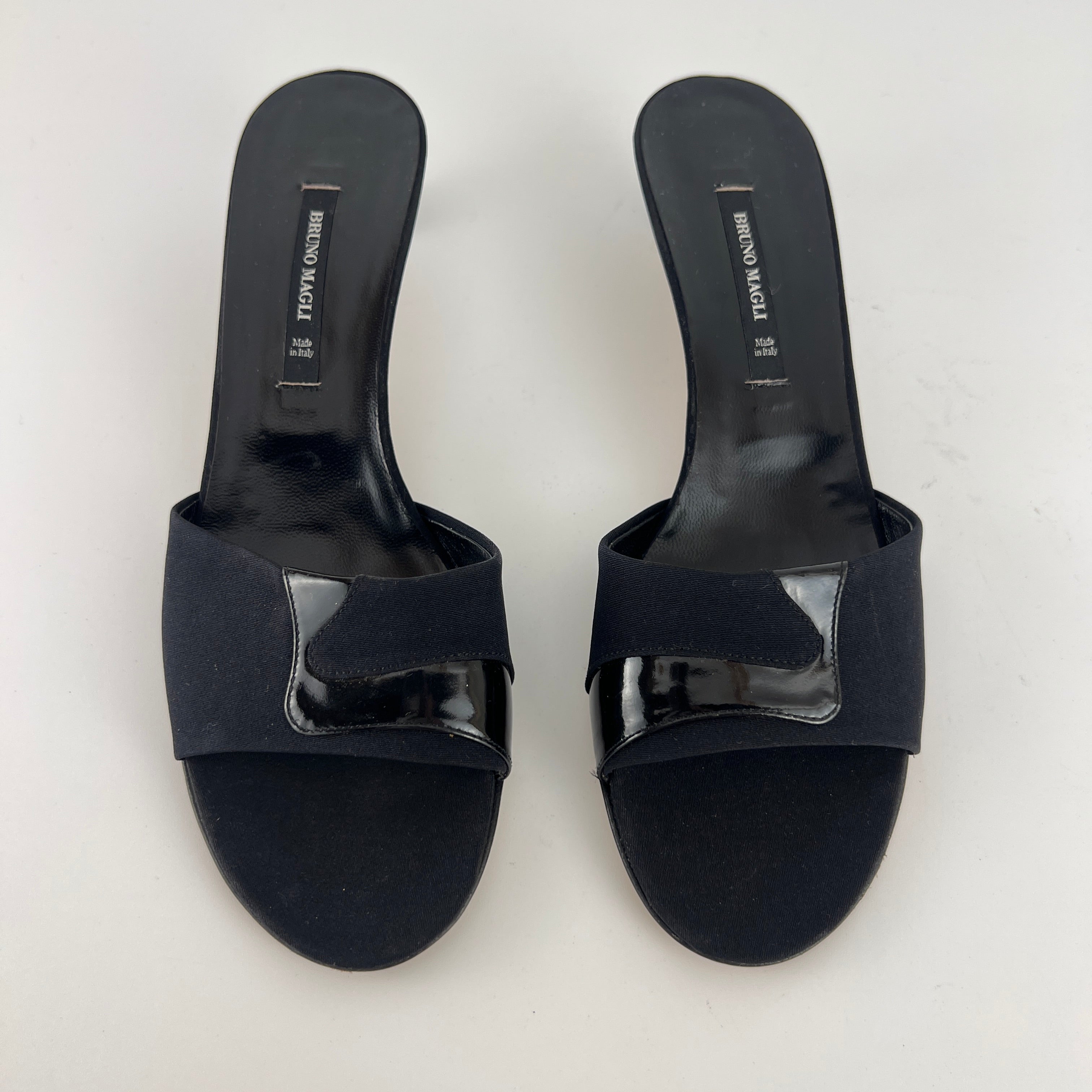 Bruno Magli | Black Nylon Leather Kitten Heel Slide Mules (38)