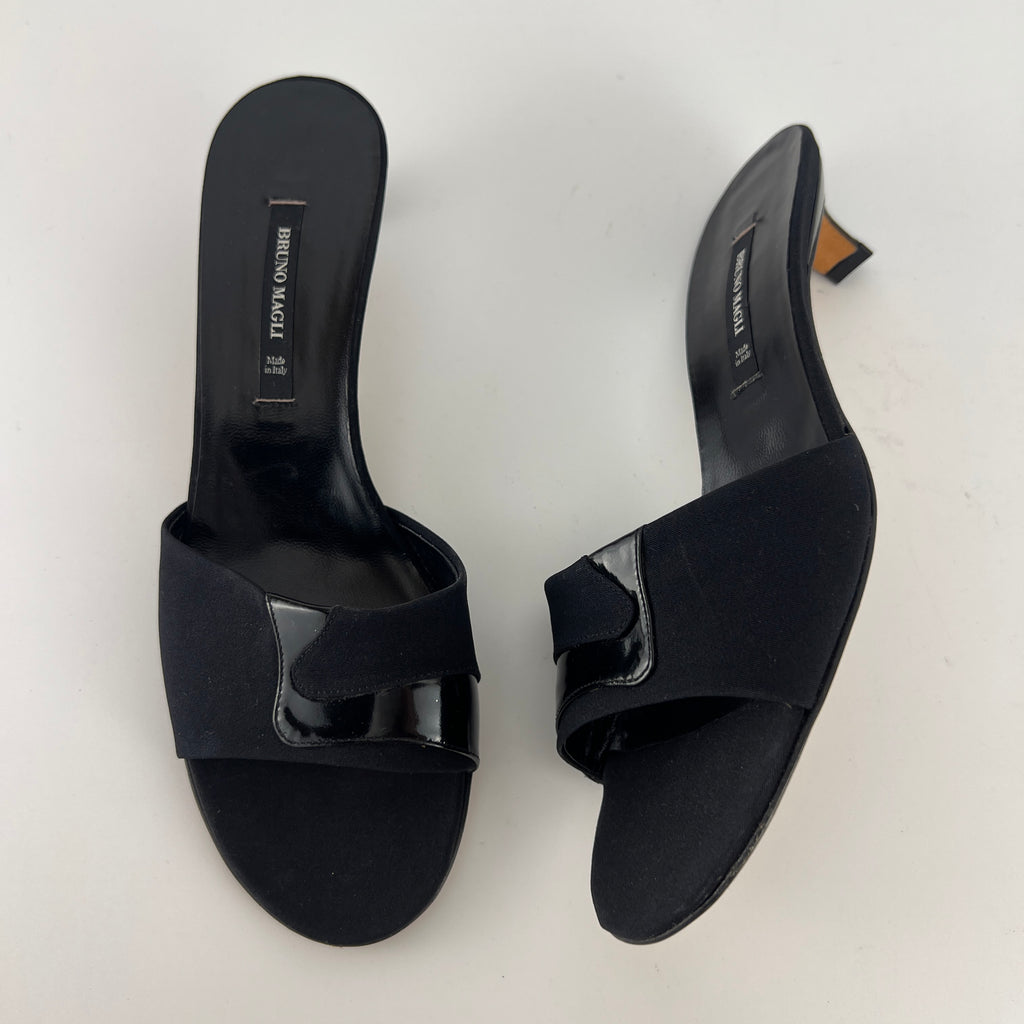 Bruno Magli | Black Nylon Leather Kitten Heel Slide Mules (38)