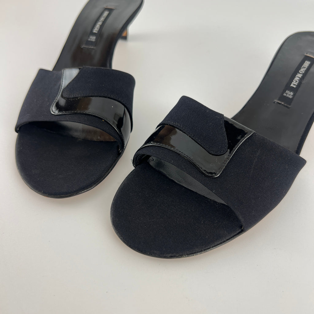 Bruno Magli | Black Nylon Leather Kitten Heel Slide Mules (38)