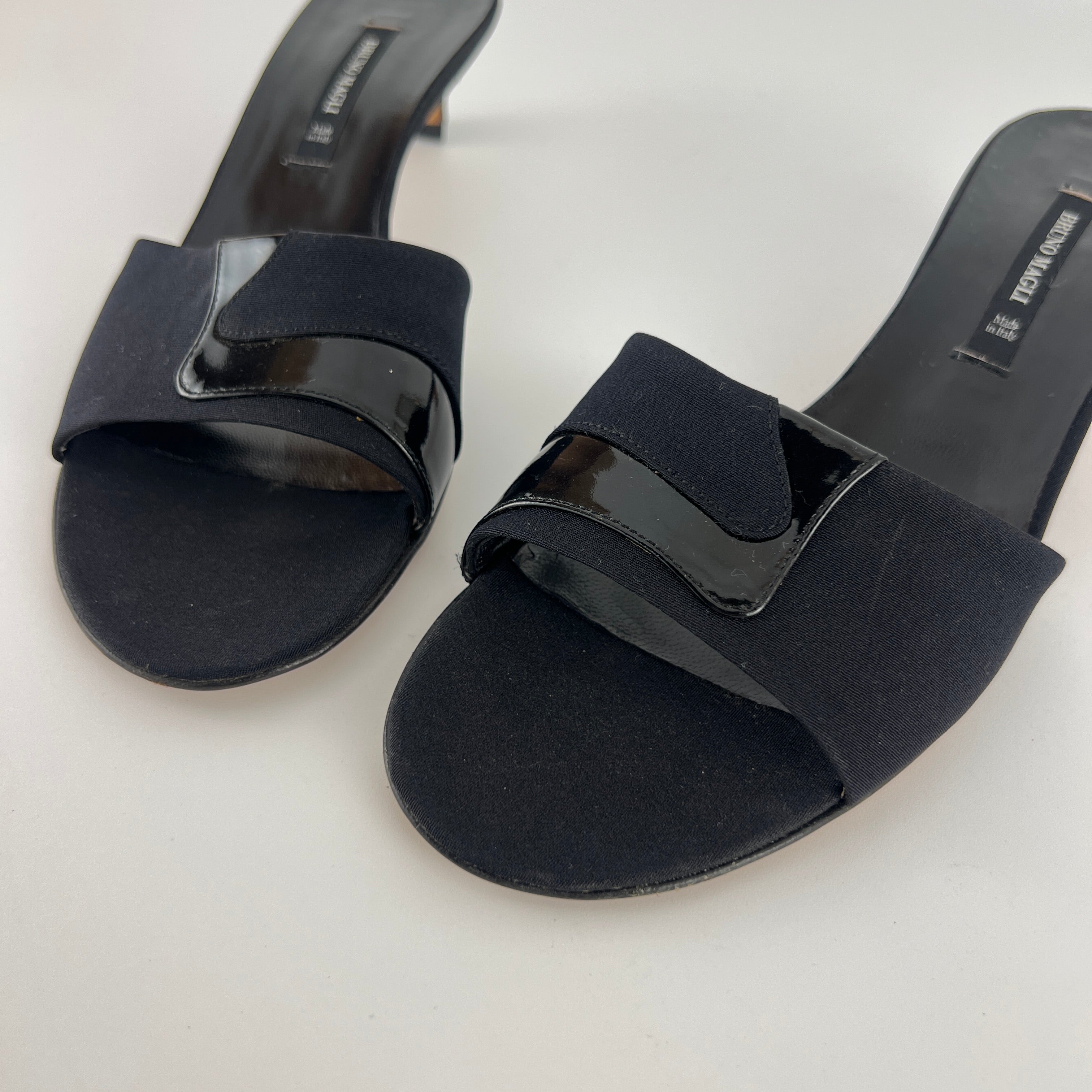 Bruno Magli | Black Nylon Leather Kitten Heel Slide Mules (38)
