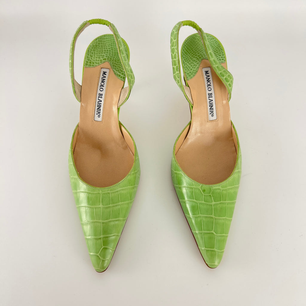 Manolo Blahnik | Carolyne Green Croc Embossed Leather Pointed Toe Slingback (37.5)