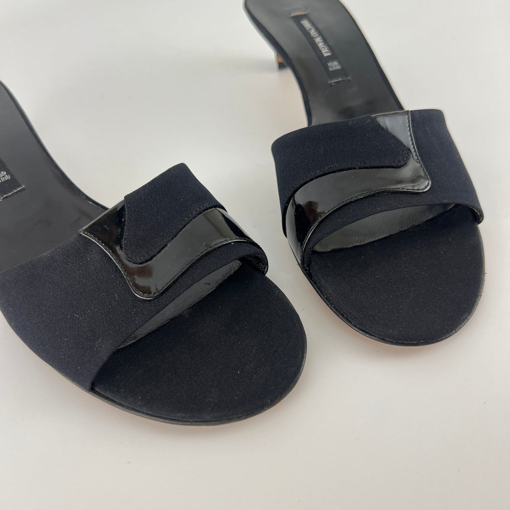 Bruno Magli | Black Nylon Leather Kitten Heel Slide Mules (38)