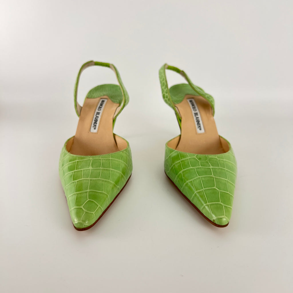 Manolo Blahnik | Carolyne Green Croc Embossed Leather Pointed Toe Slingback (37.5)
