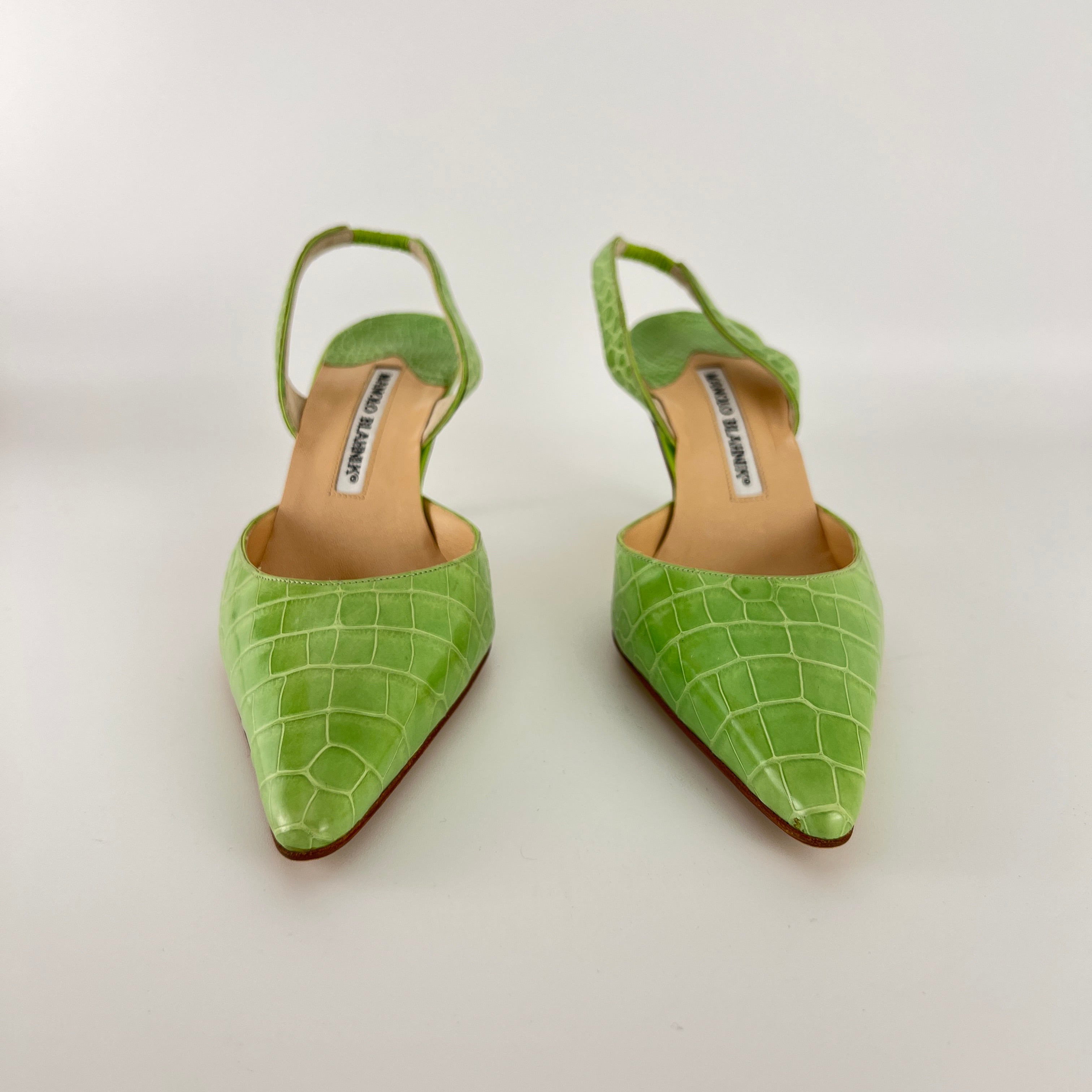 Manolo Blahnik | Carolyne Green Croc Embossed Leather Pointed Toe Slingback (37.5)