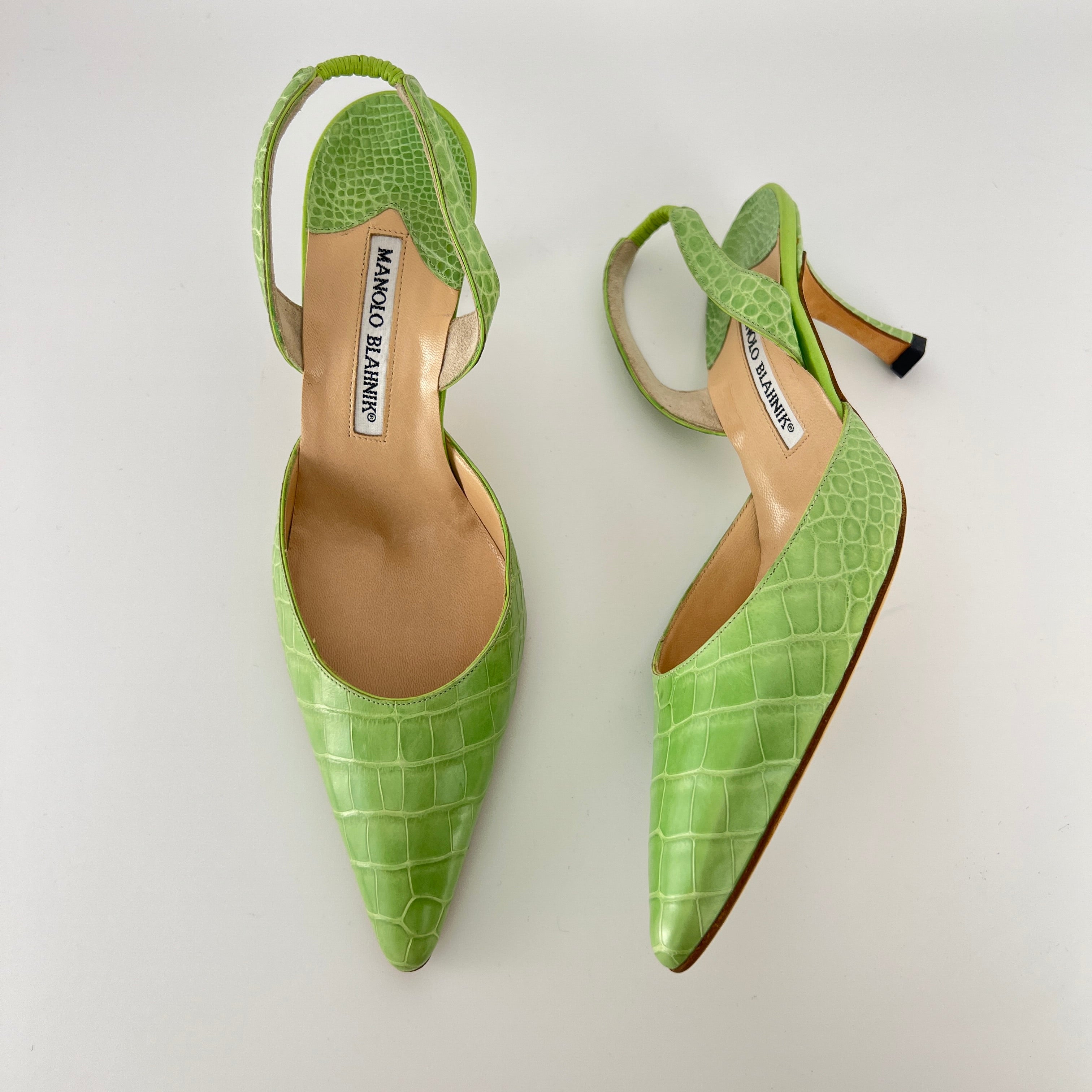 Manolo Blahnik | Carolyne Green Croc Embossed Leather Pointed Toe Slingback (37.5)