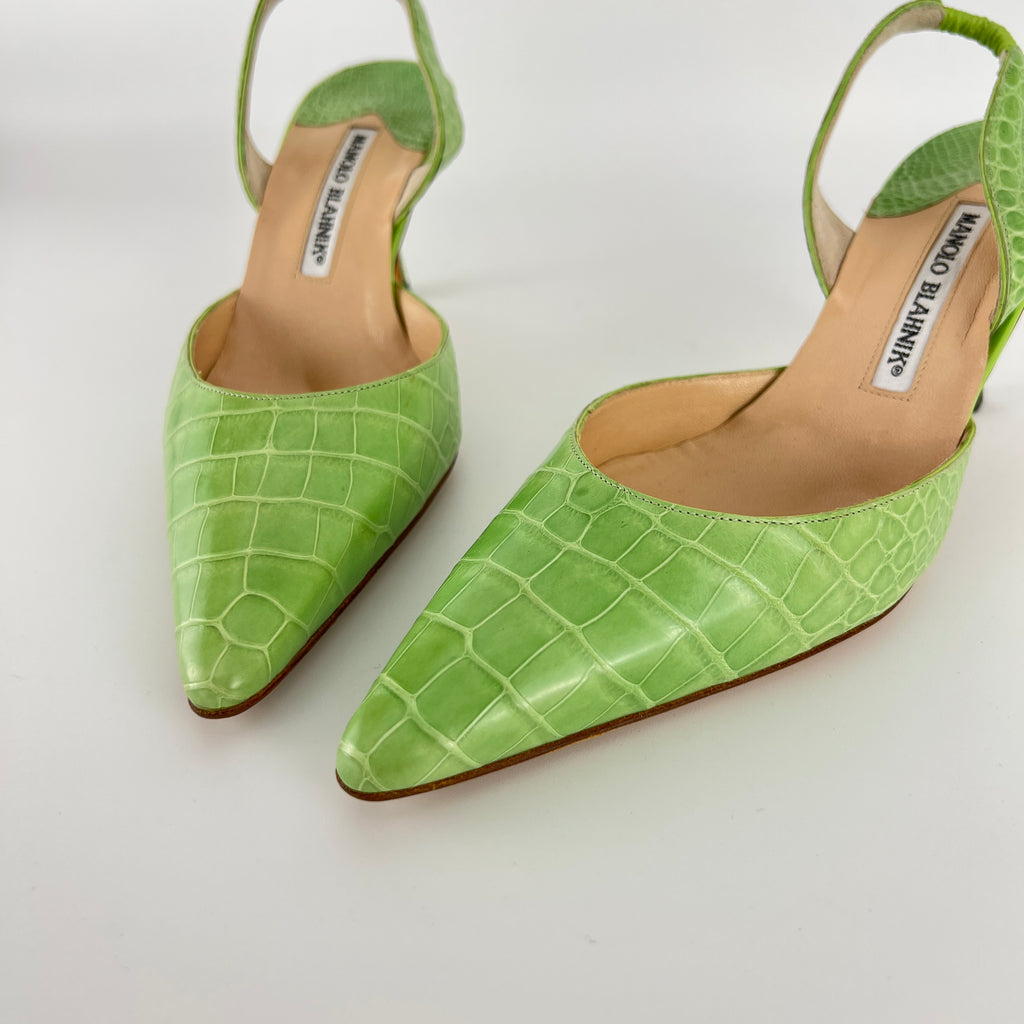 Manolo Blahnik | Carolyne Green Croc Embossed Leather Pointed Toe Slingback (37.5)