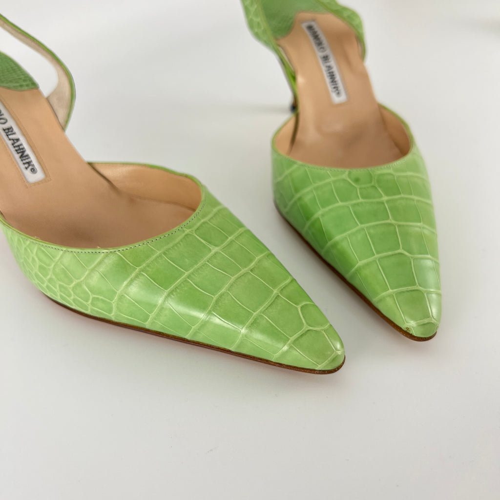 Manolo Blahnik | Carolyne Green Croc Embossed Leather Pointed Toe Slingback (37.5)