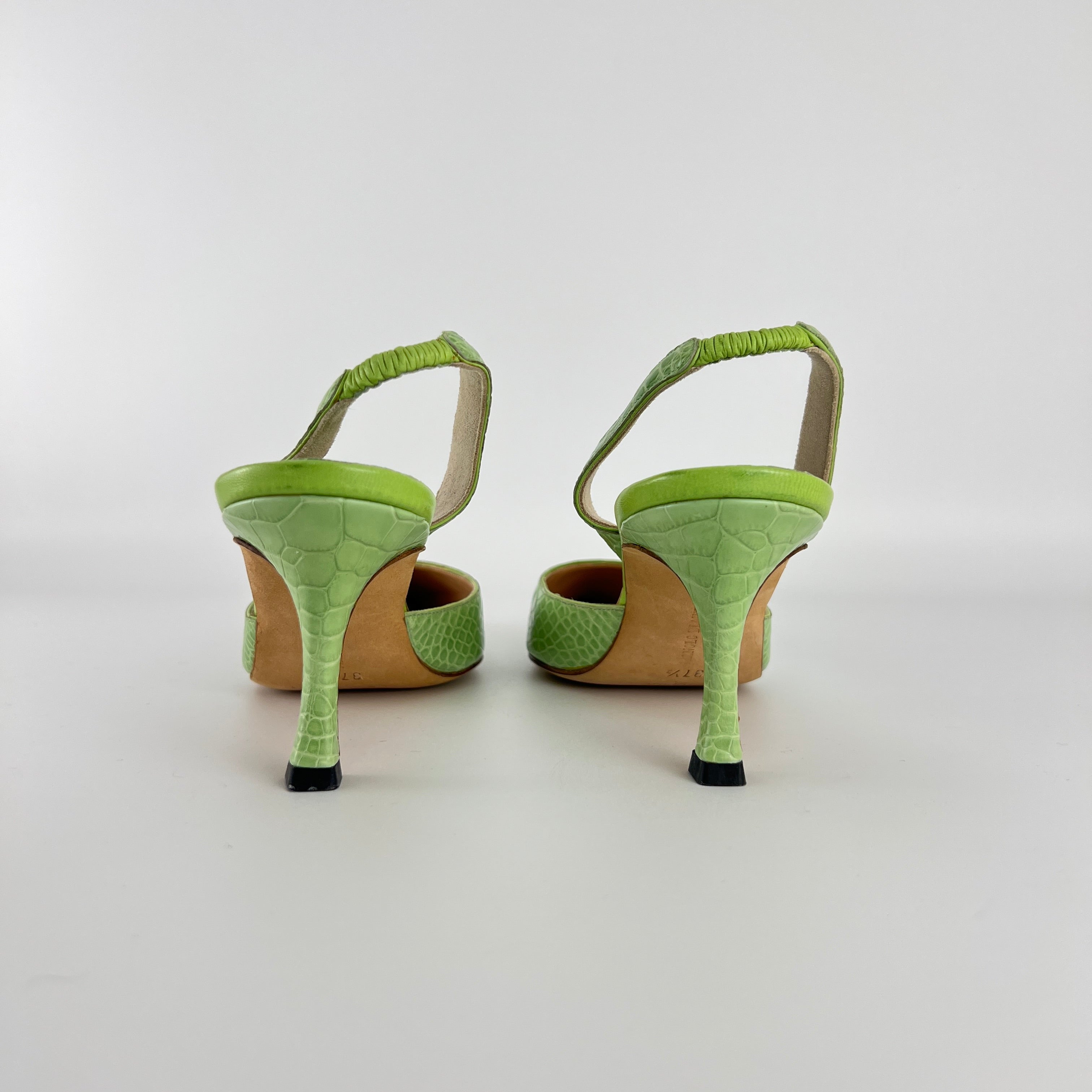 Manolo Blahnik | Carolyne Green Croc Embossed Leather Pointed Toe Slingback (37.5)