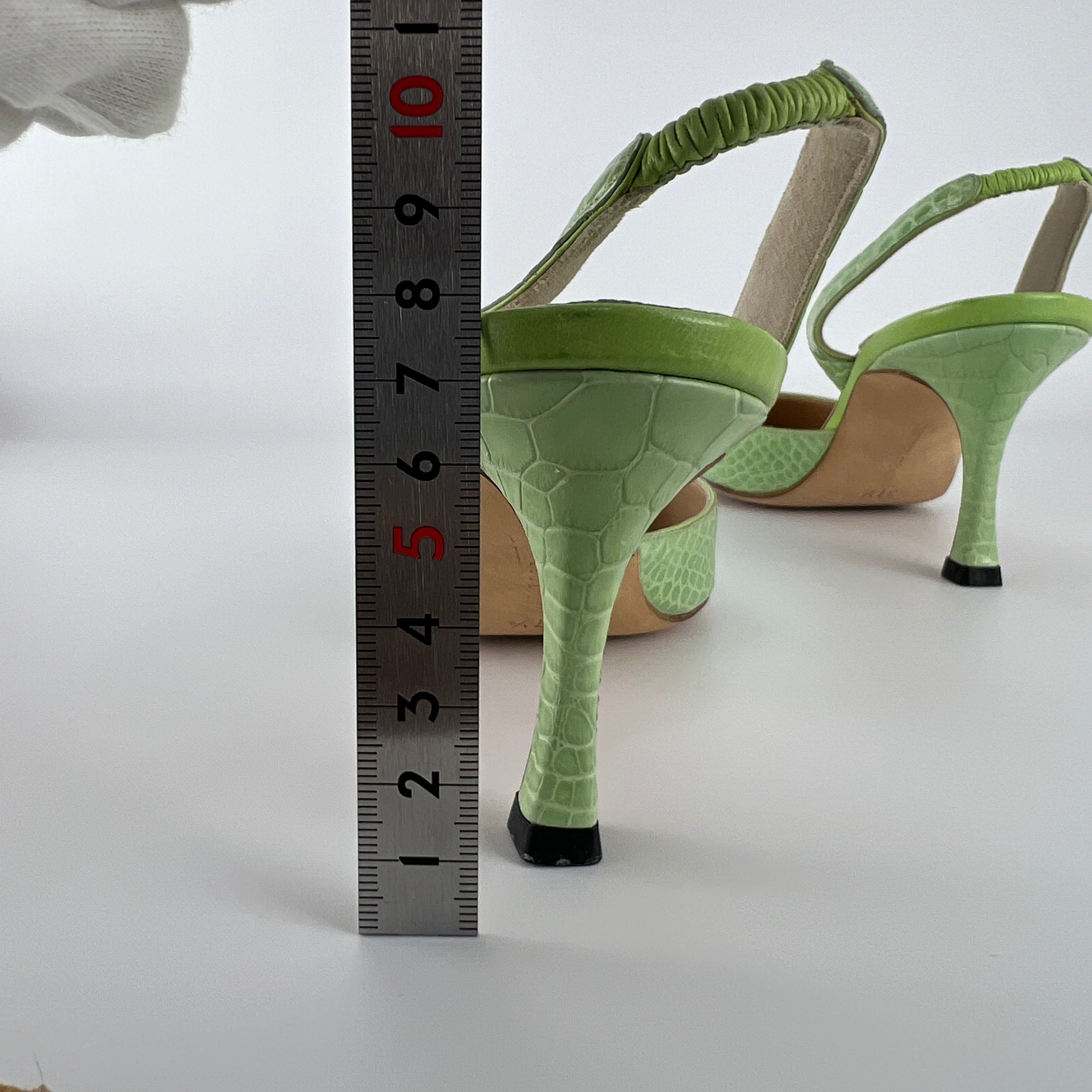 Manolo Blahnik | Carolyne Green Croc Embossed Leather Pointed Toe Slingback (37.5)
