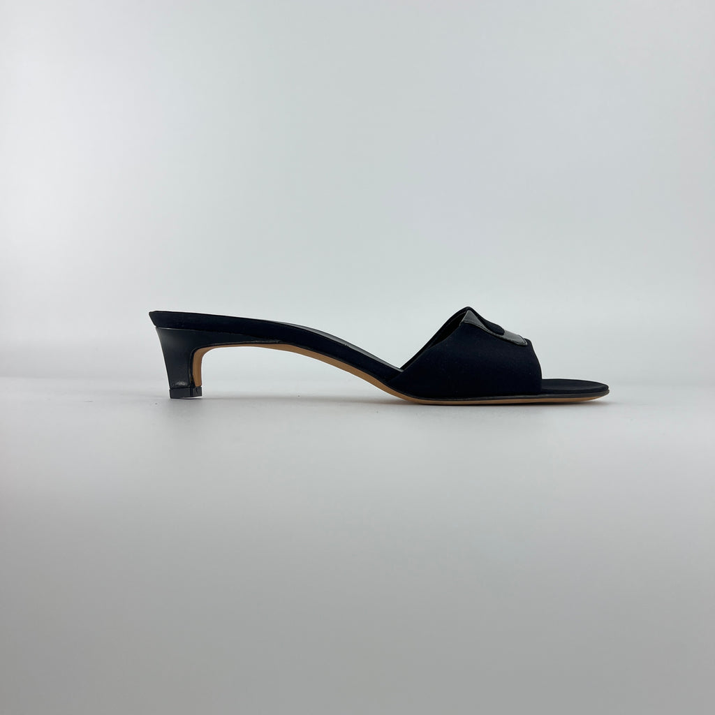 Bruno Magli | Black Nylon Leather Kitten Heel Slide Mules (38)
