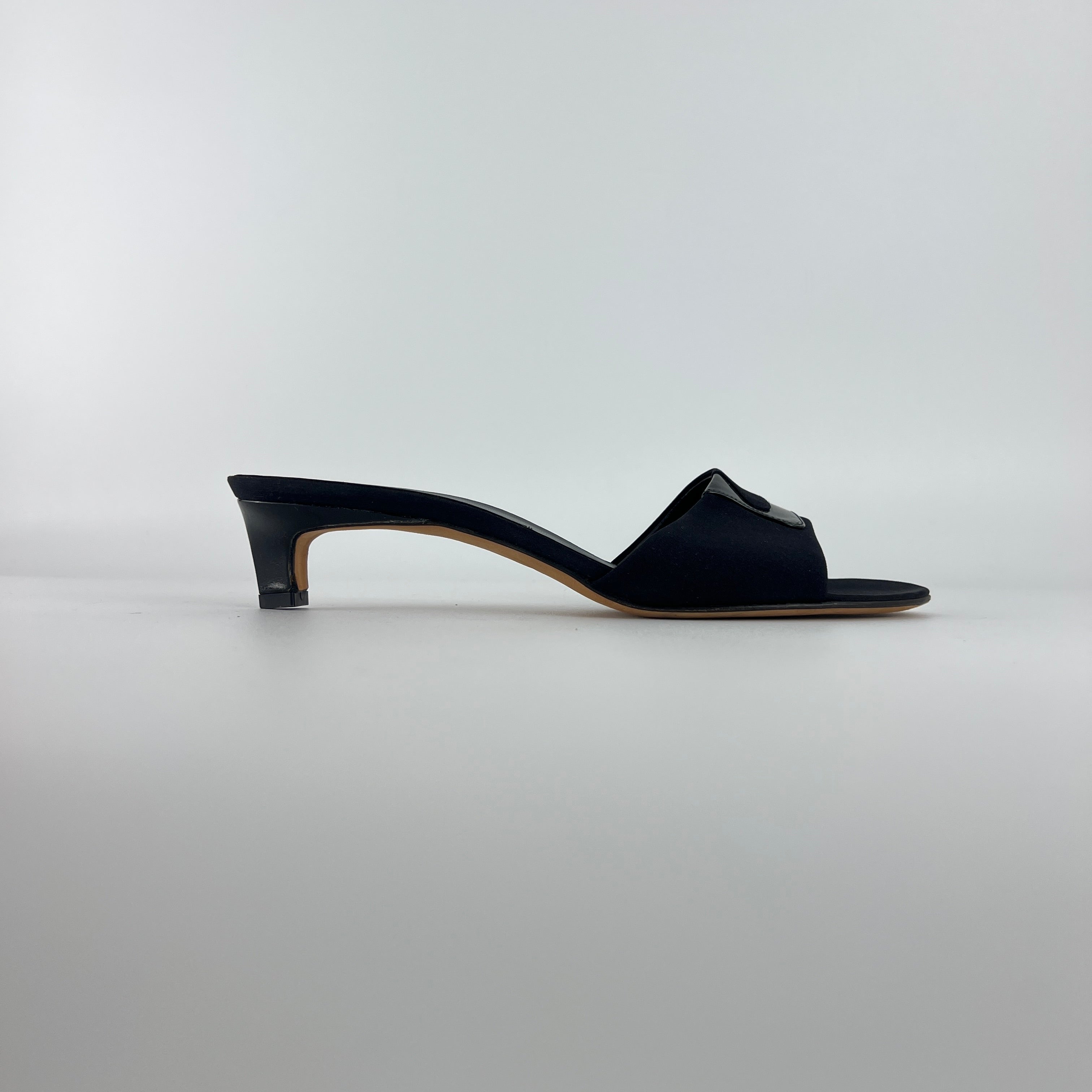 Bruno Magli | Black Nylon Leather Kitten Heel Slide Mules (38)