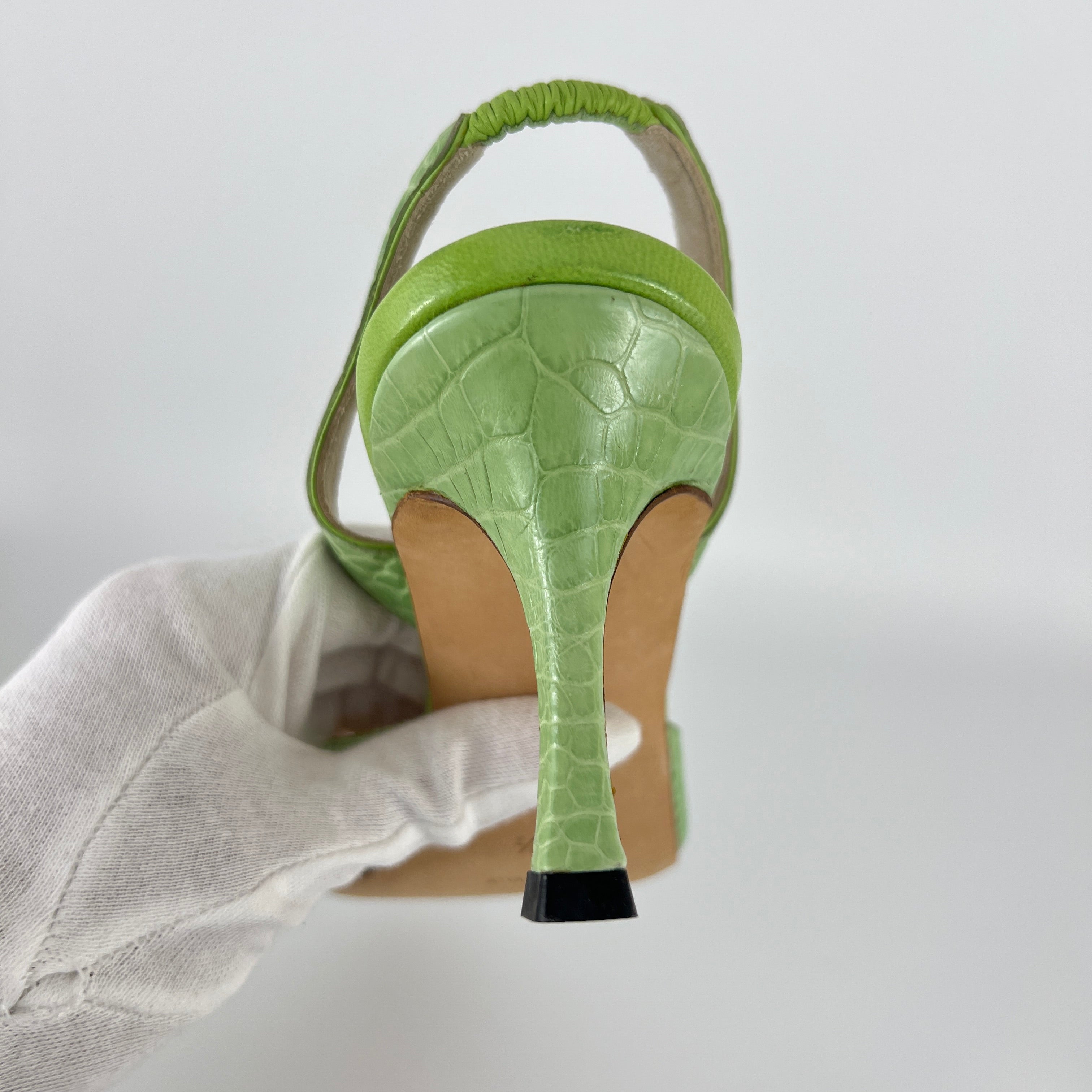 Manolo Blahnik | Carolyne Green Croc Embossed Leather Pointed Toe Slingback (37.5)