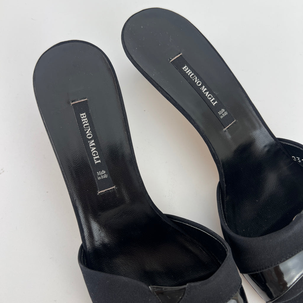 Bruno Magli | Black Nylon Leather Kitten Heel Slide Mules (38)
