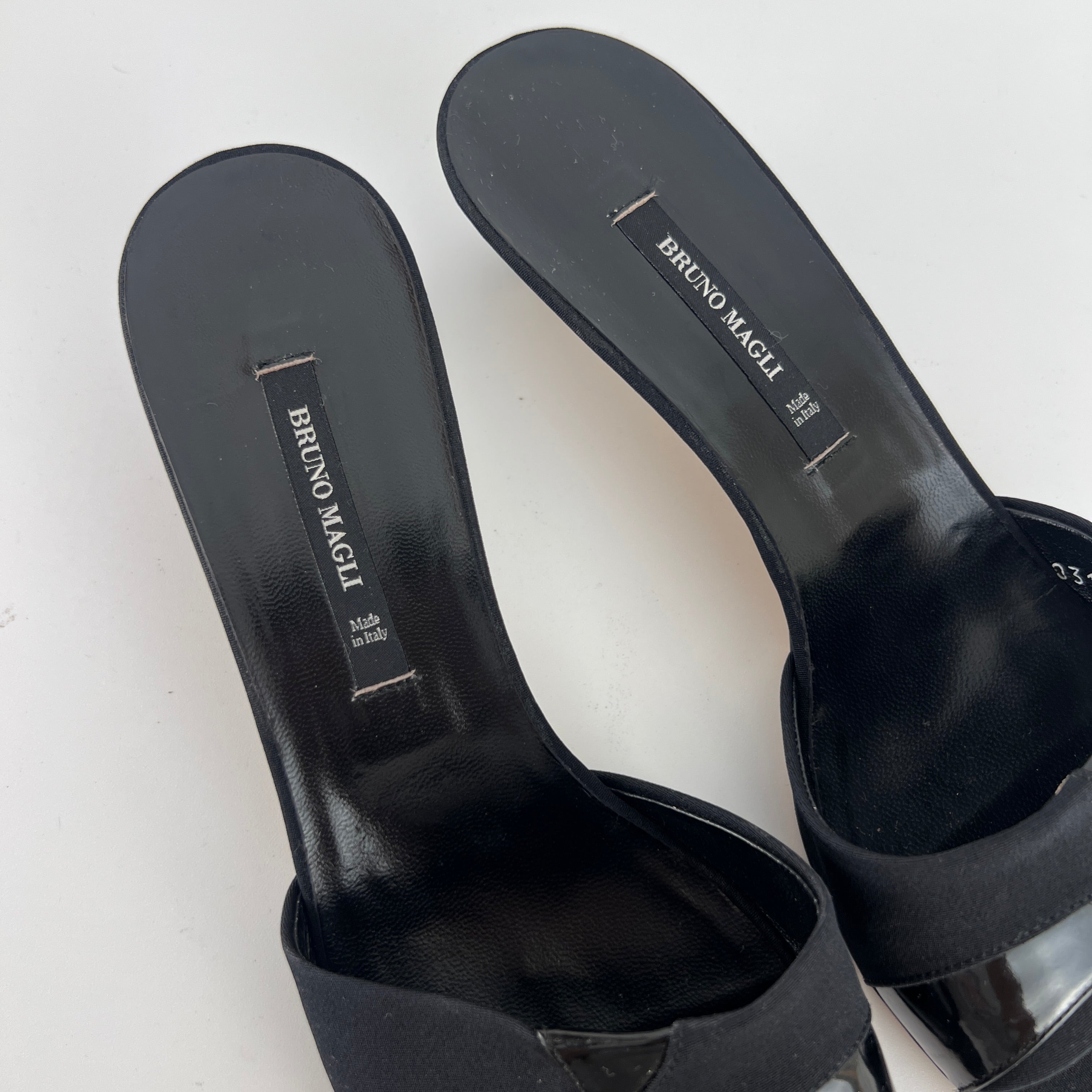 Bruno Magli | Black Nylon Leather Kitten Heel Slide Mules (38)
