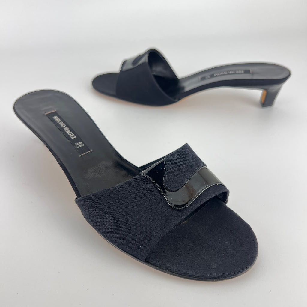 Bruno Magli | Black Nylon Leather Kitten Heel Slide Mules (38)