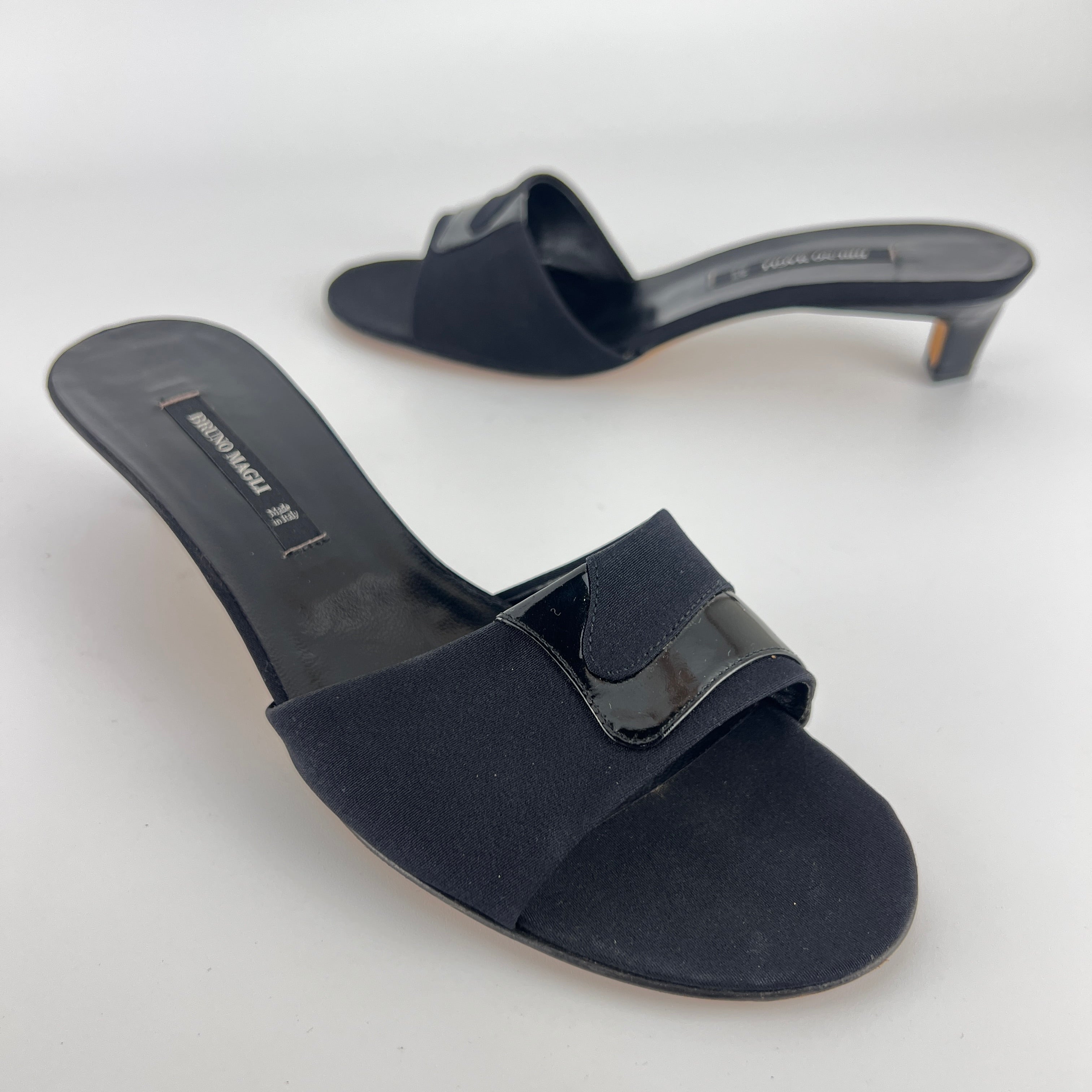 Bruno Magli | Black Nylon Leather Kitten Heel Slide Mules (38)