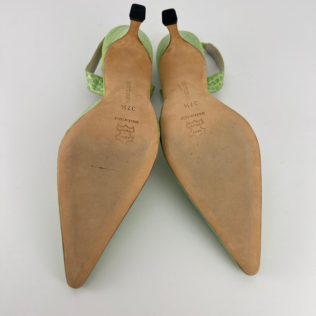 Manolo Blahnik | Carolyne Green Croc Embossed Leather Pointed Toe Slingback (37.5)