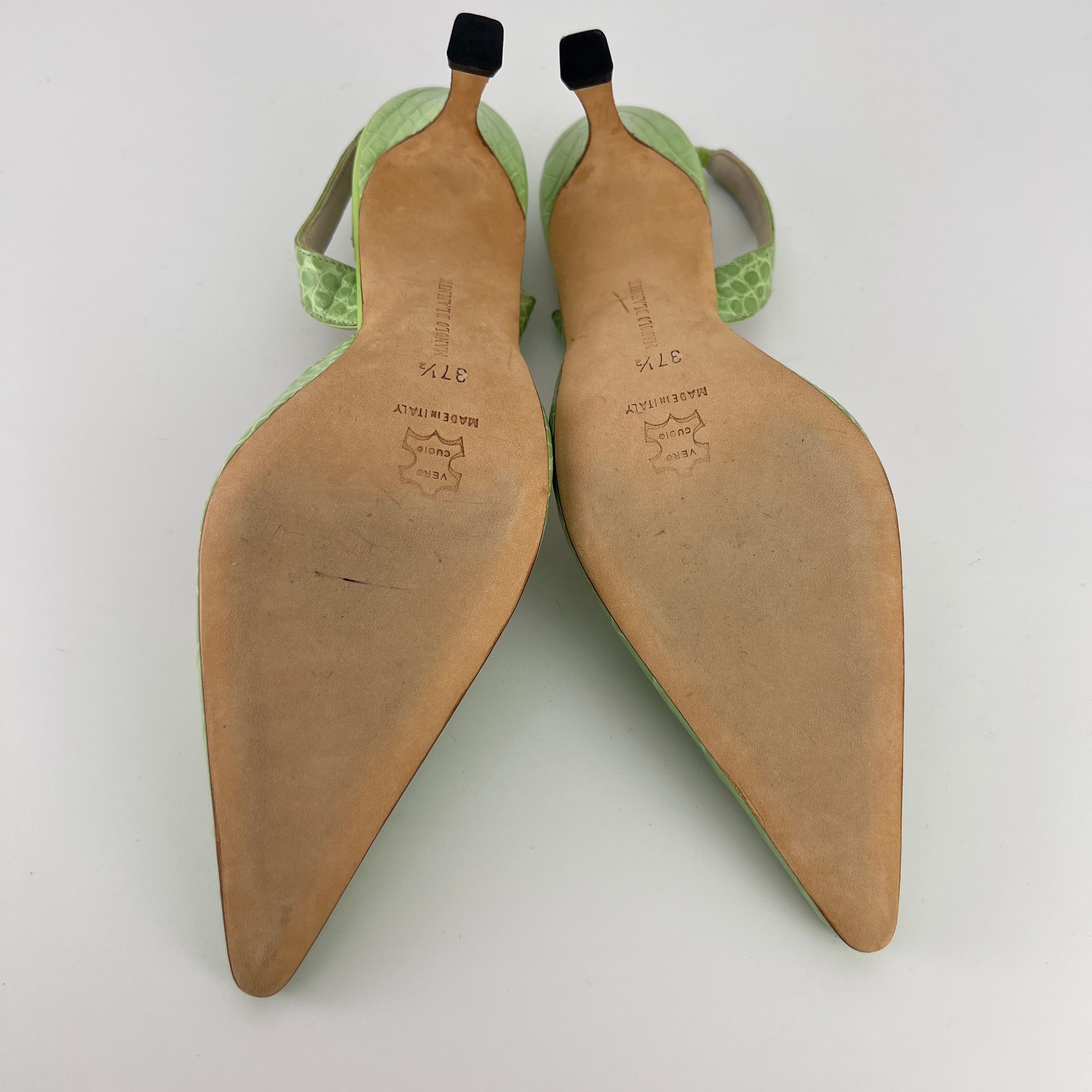 Manolo Blahnik | Carolyne Green Croc Embossed Leather Pointed Toe Slingback (37.5)