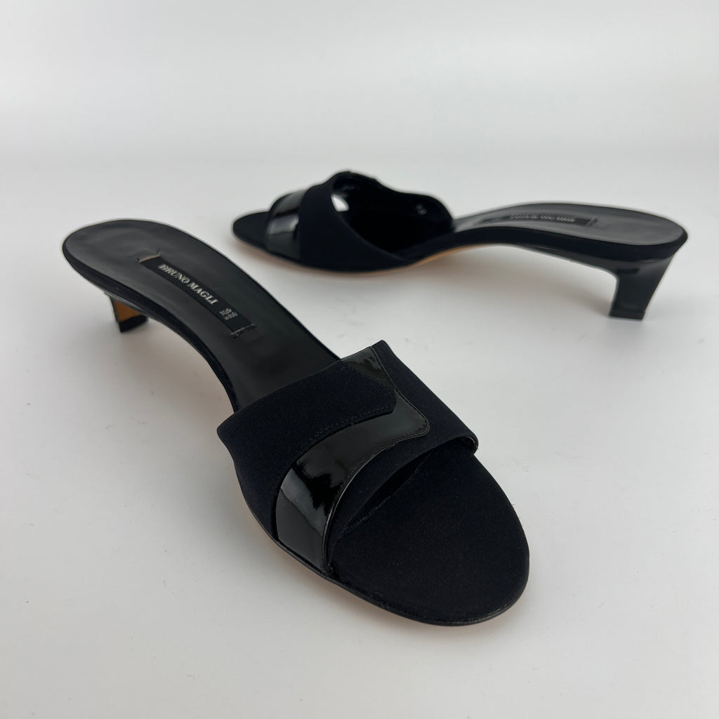 Bruno Magli | Black Nylon Leather Kitten Heel Slide Mules (38)