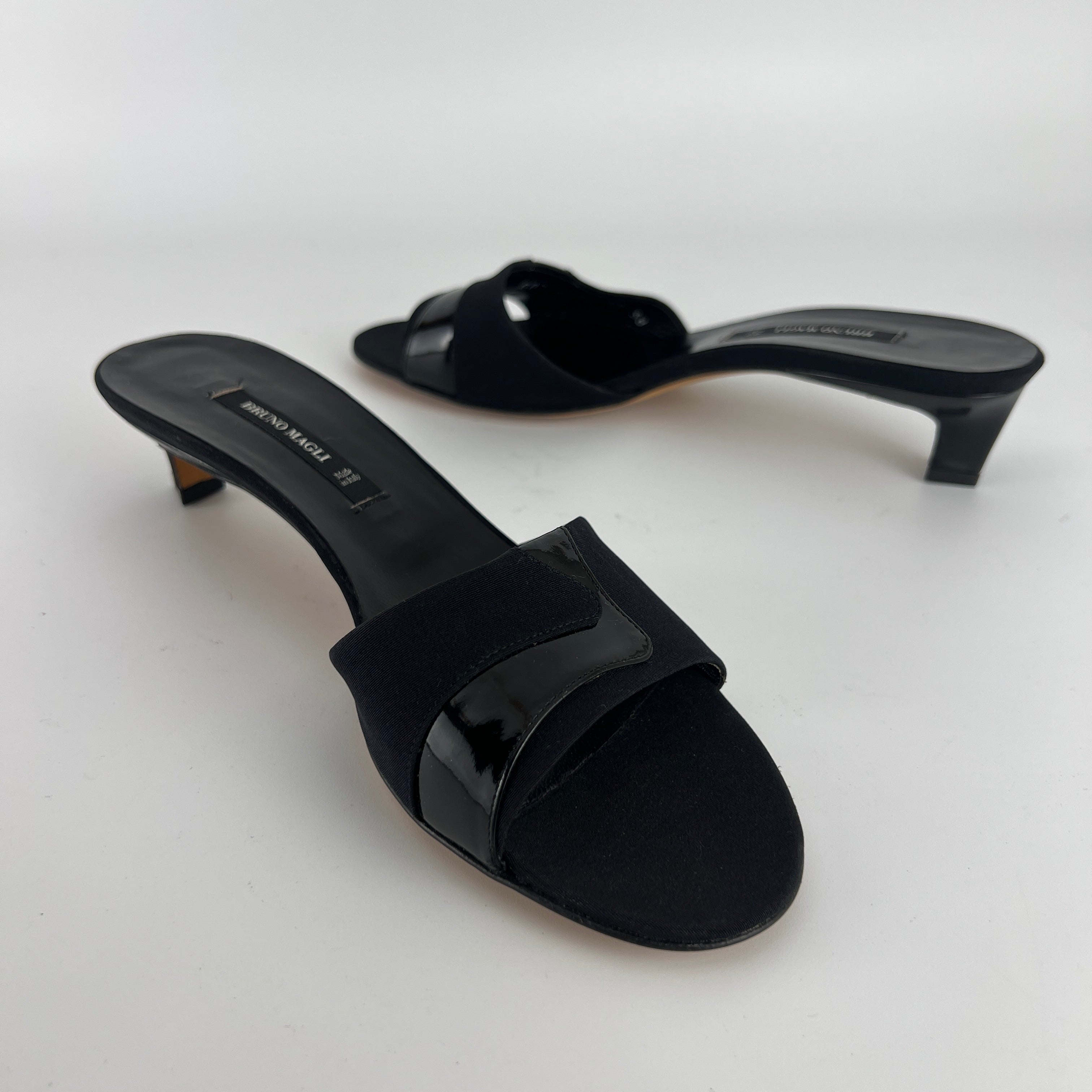 Bruno Magli | Black Nylon Leather Kitten Heel Slide Mules (38)