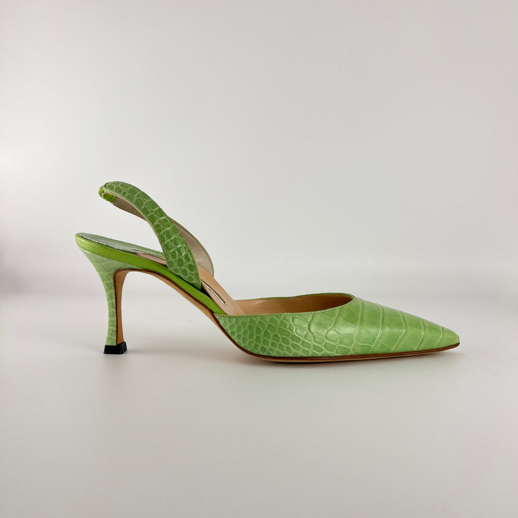 Manolo Blahnik | Carolyne Green Croc Embossed Leather Pointed Toe Slingback (37.5)