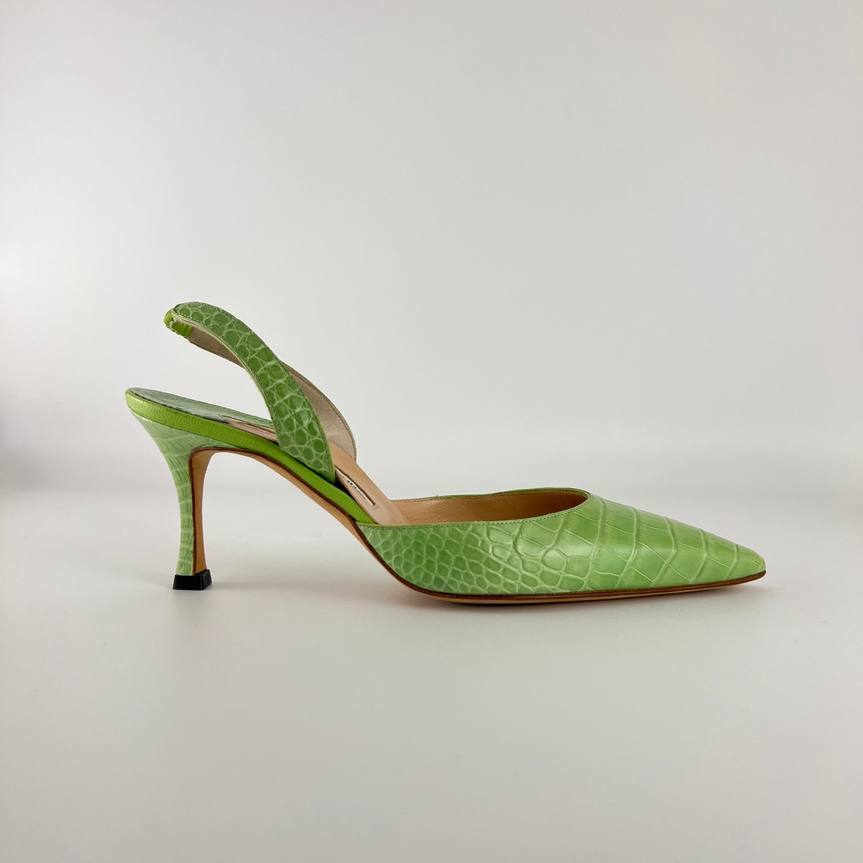 Manolo Blahnik | Carolyne Green Croc Embossed Leather Pointed Toe Slingback (37.5)