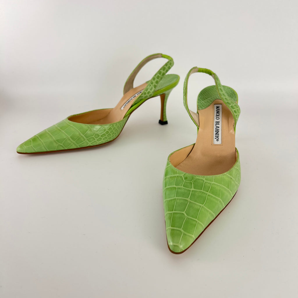 Manolo Blahnik | Carolyne Green Croc Embossed Leather Pointed Toe Slingback (37.5)