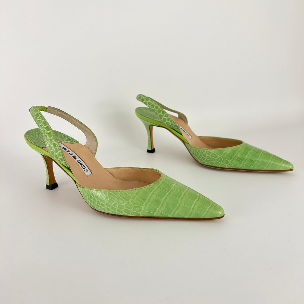 Manolo Blahnik | Carolyne Green Croc Embossed Leather Pointed Toe Slingback (37.5)